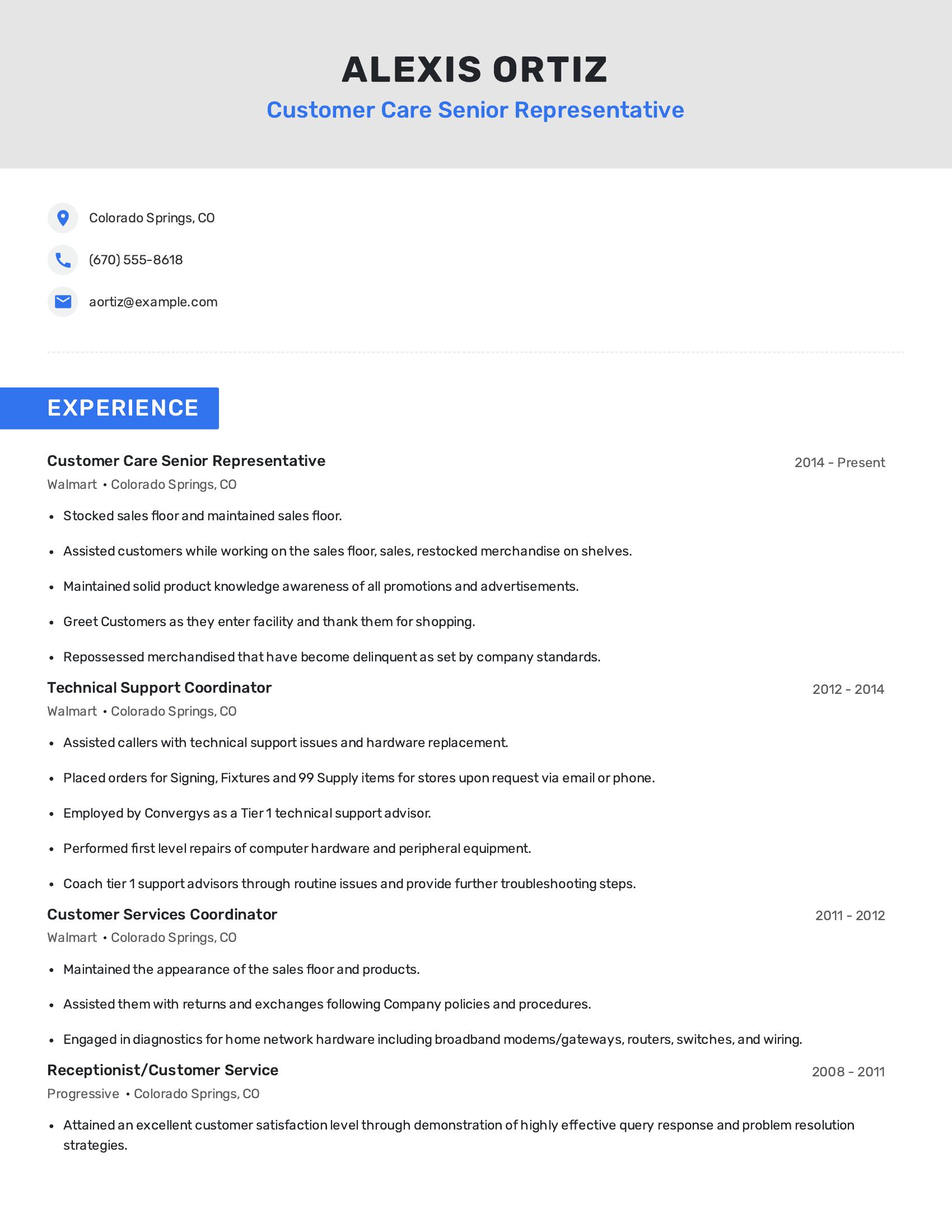 Customer Care Senior Representative resume example