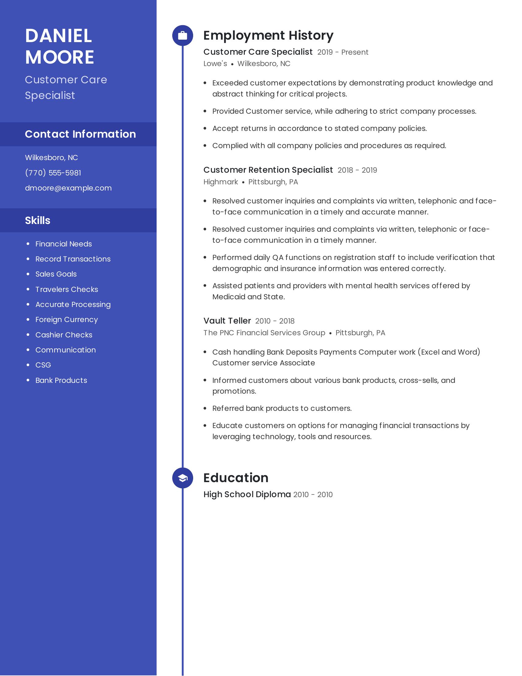 Customer Care Specialist resume example