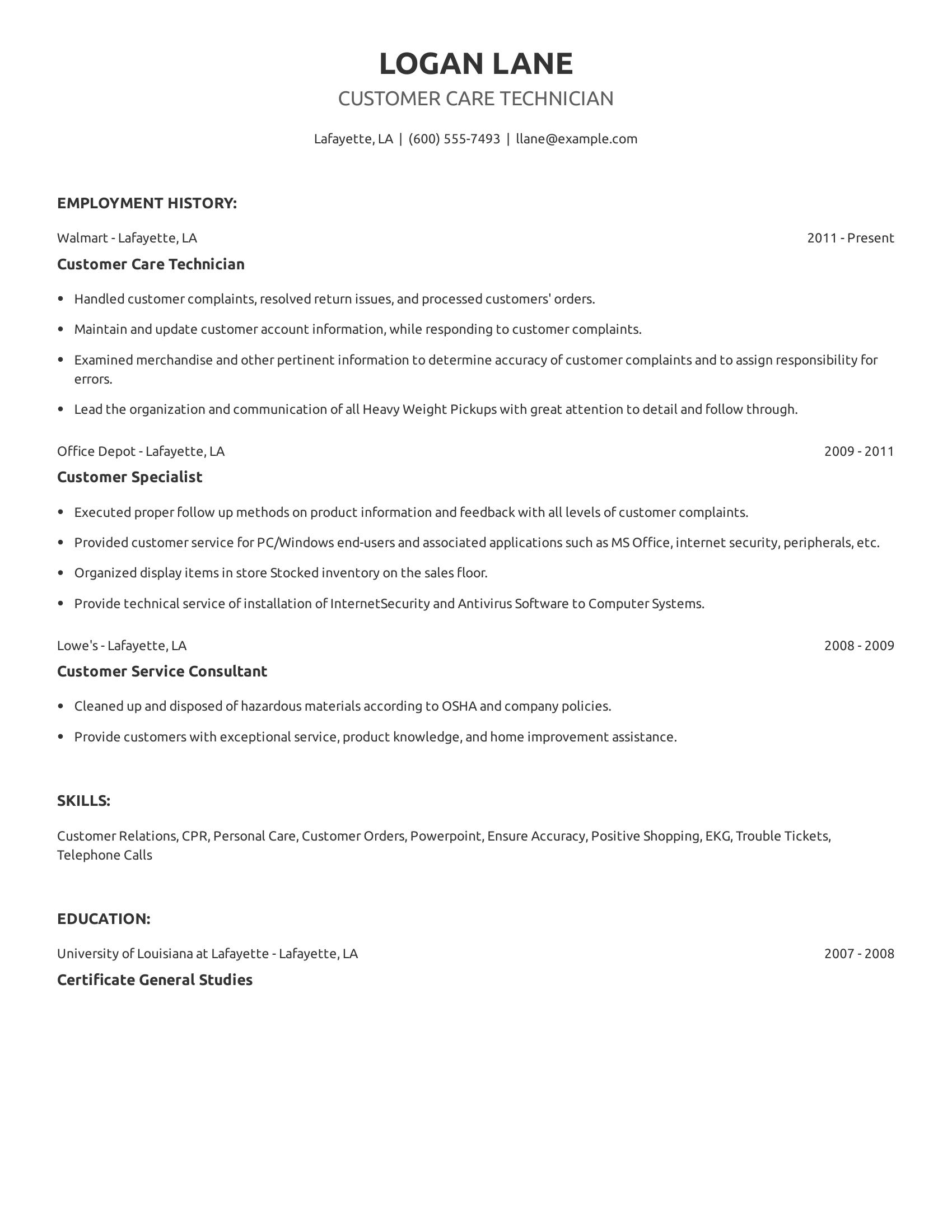 Customer Care Technician resume example