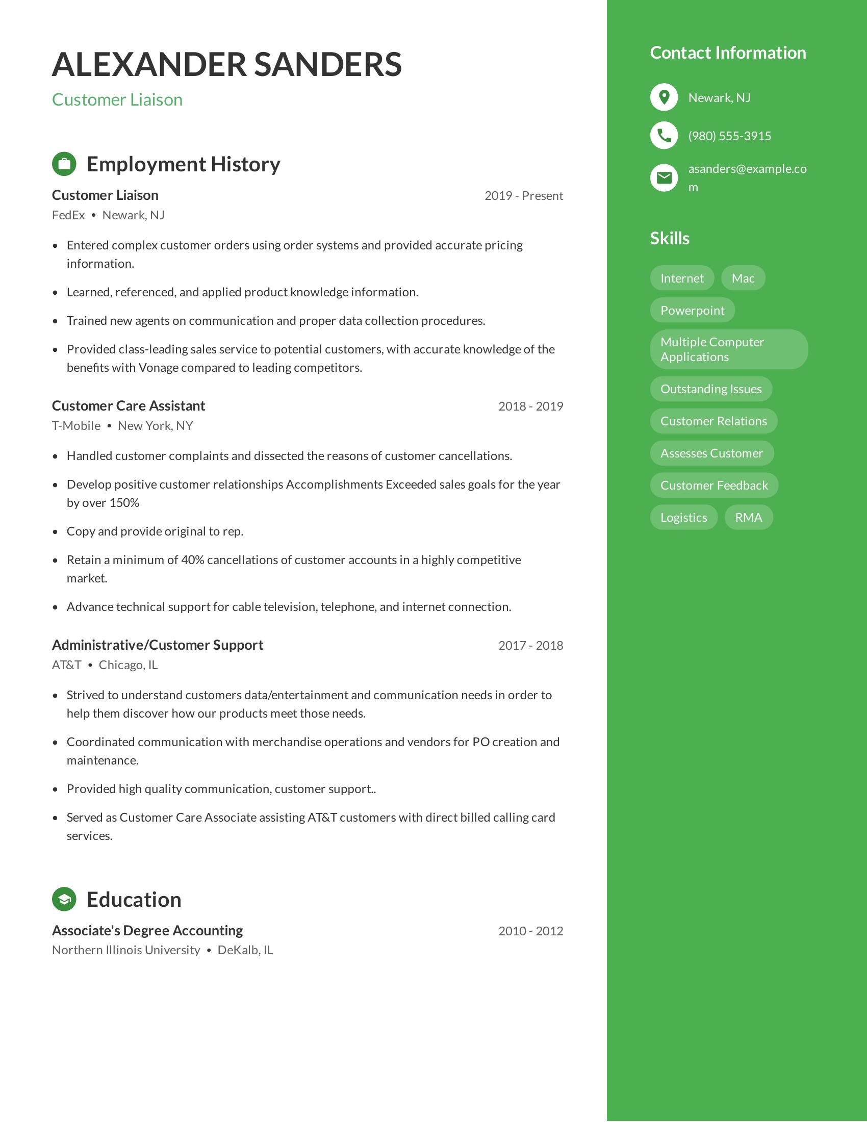 Customer Liaison resume example