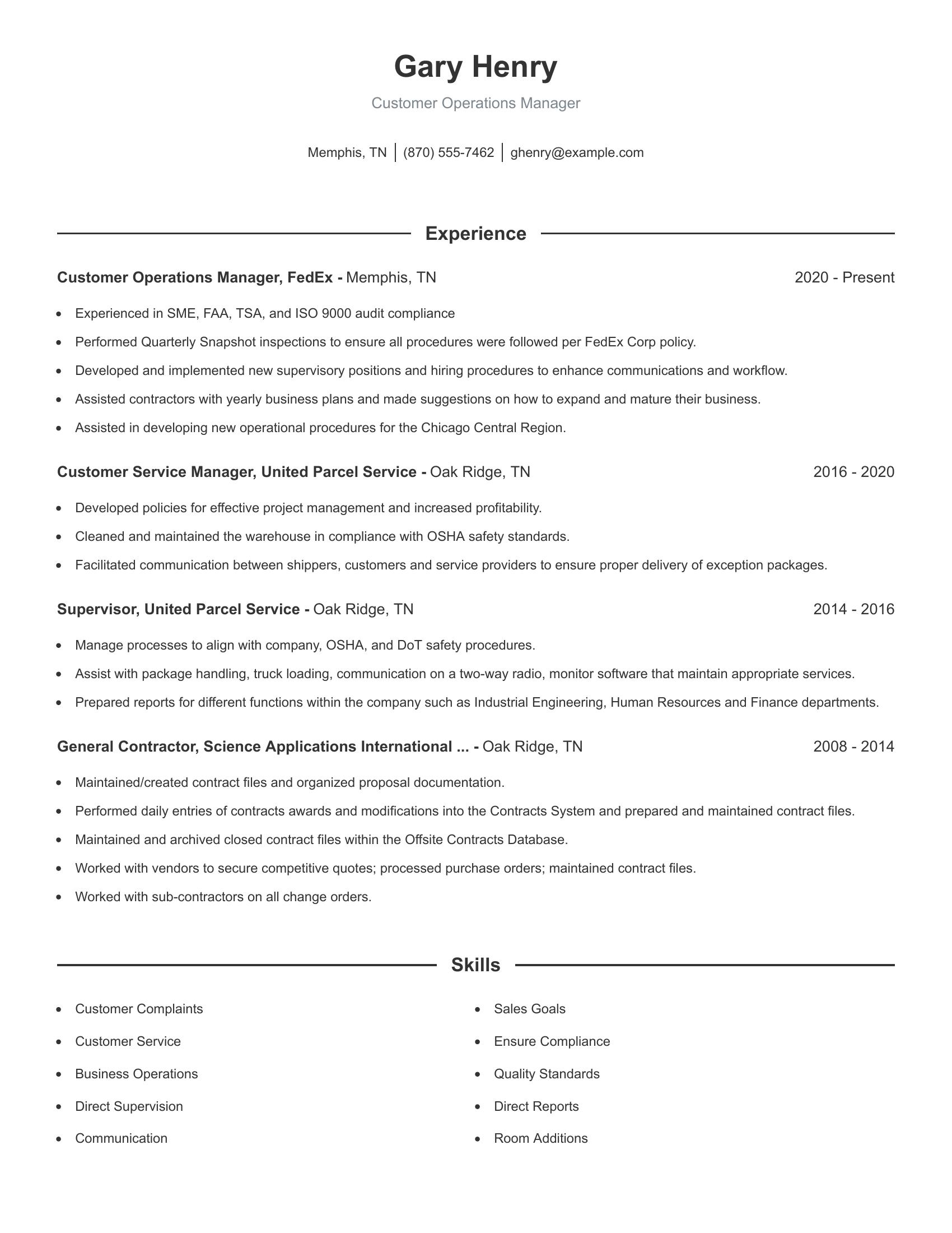 Customer Operations Manager resume example