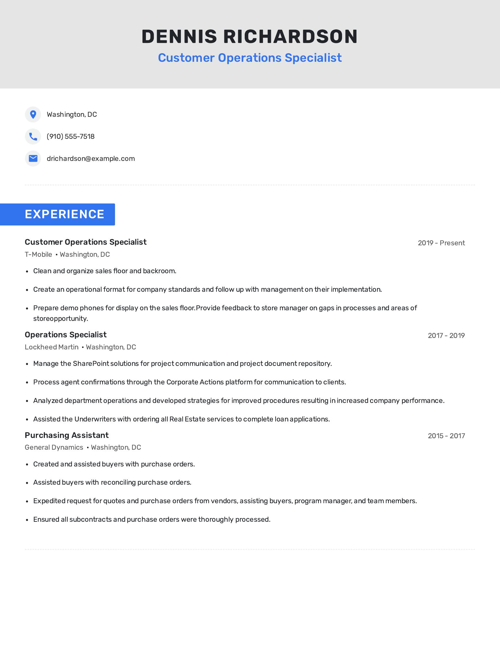 Customer Operations Specialist resume example