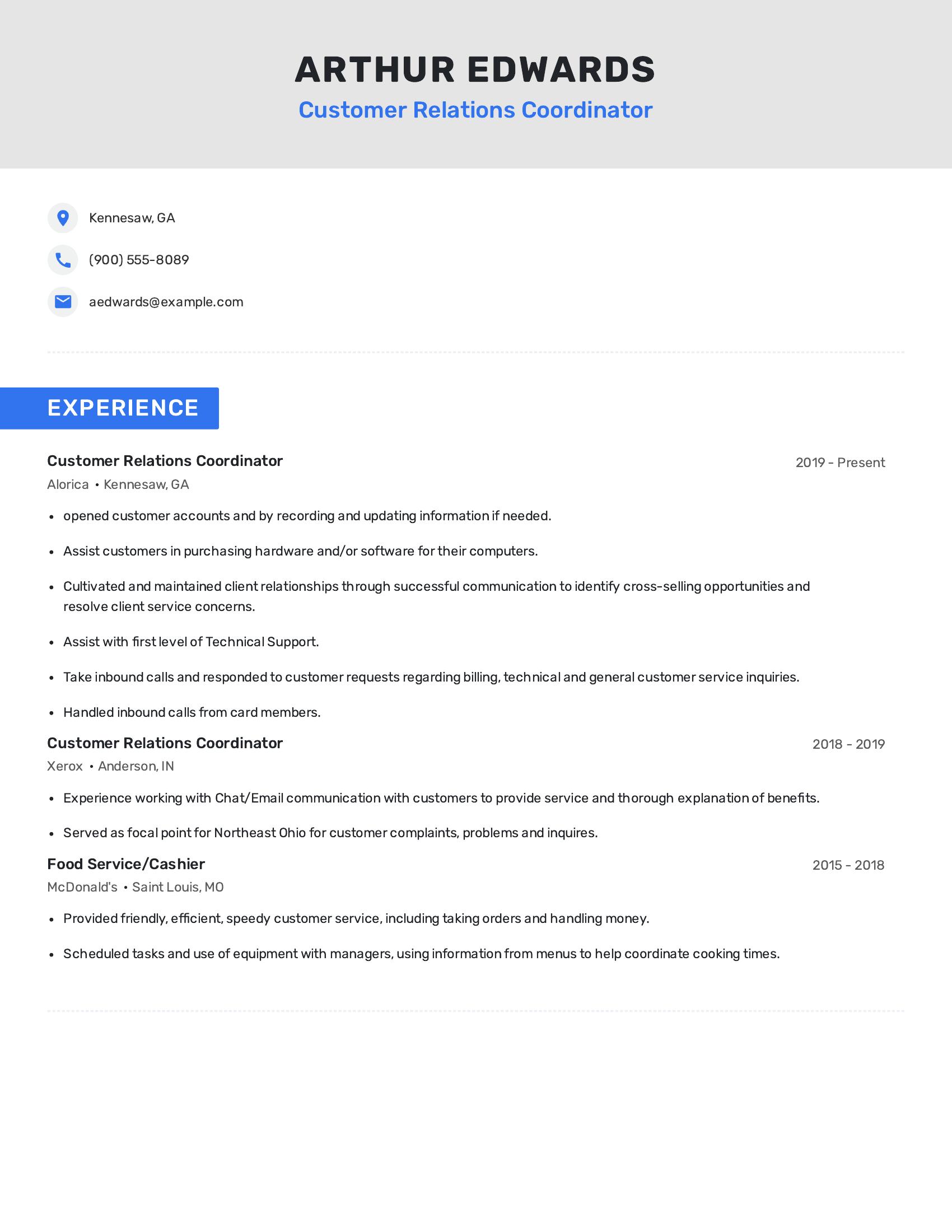 Customer Relations Coordinator resume example