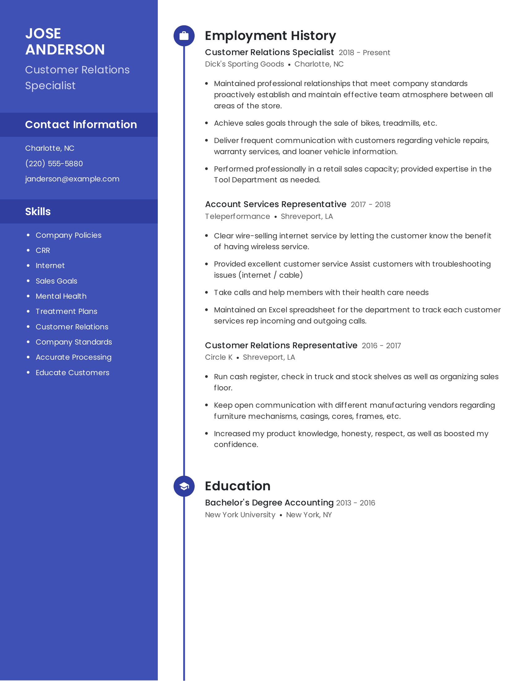 Customer Relations Specialist resume example