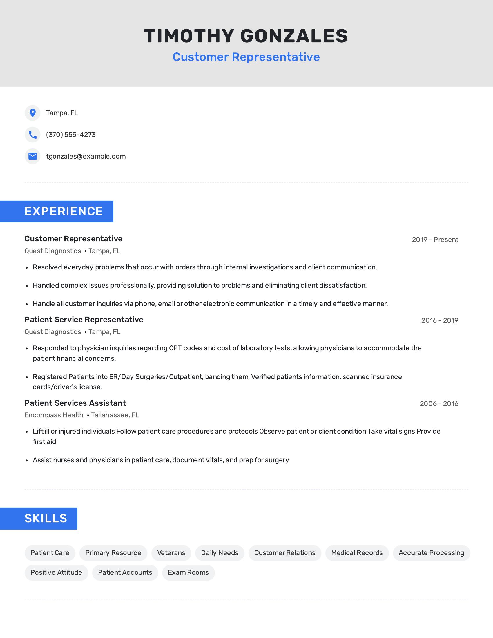 Customer Representative resume example