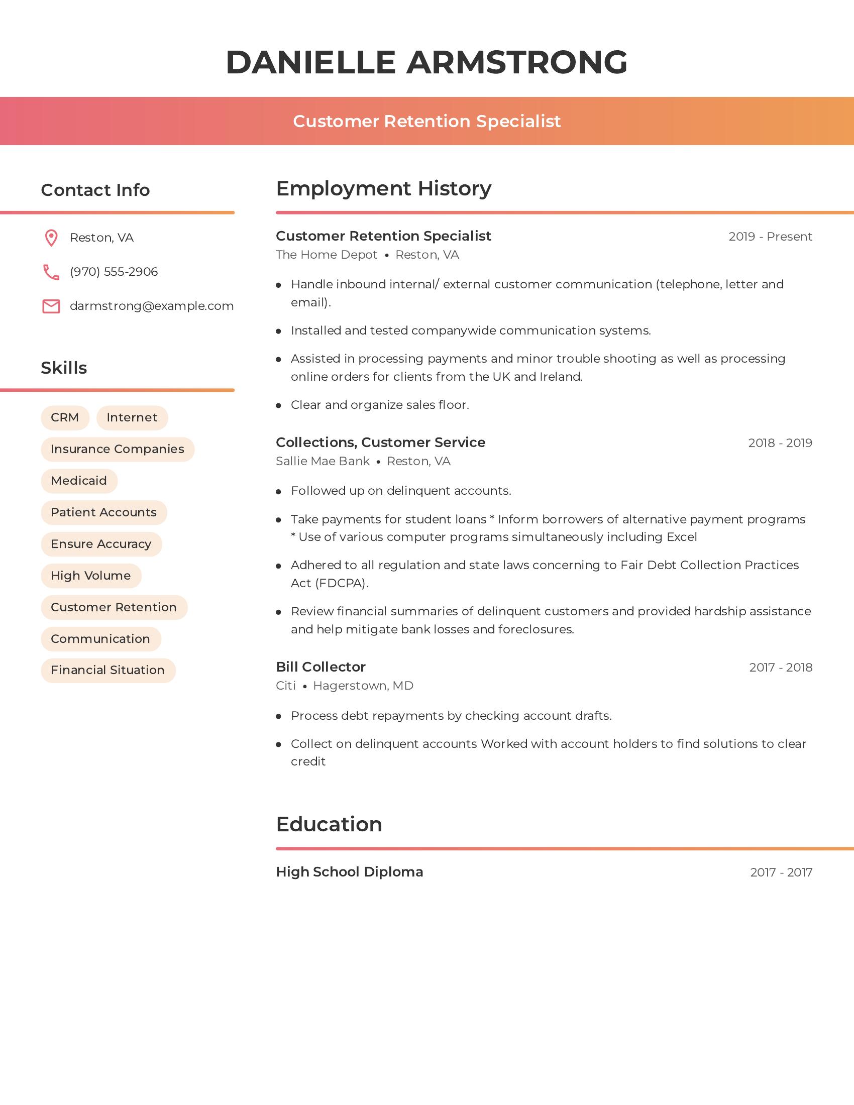 Customer Retention Specialist resume example