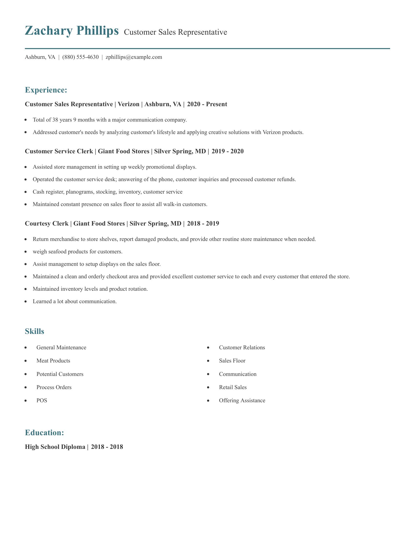 Customer Sales Representative resume example