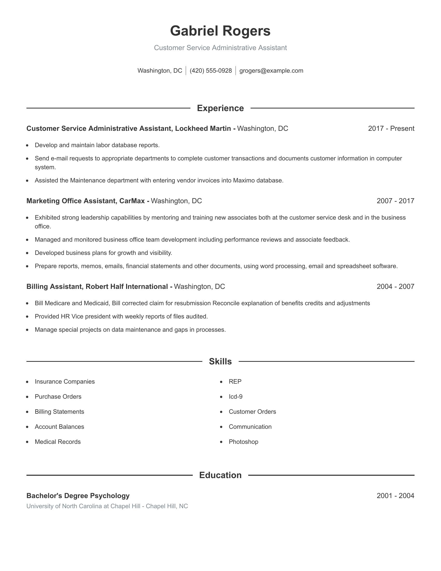 Customer Service Administrative Assistant resume example