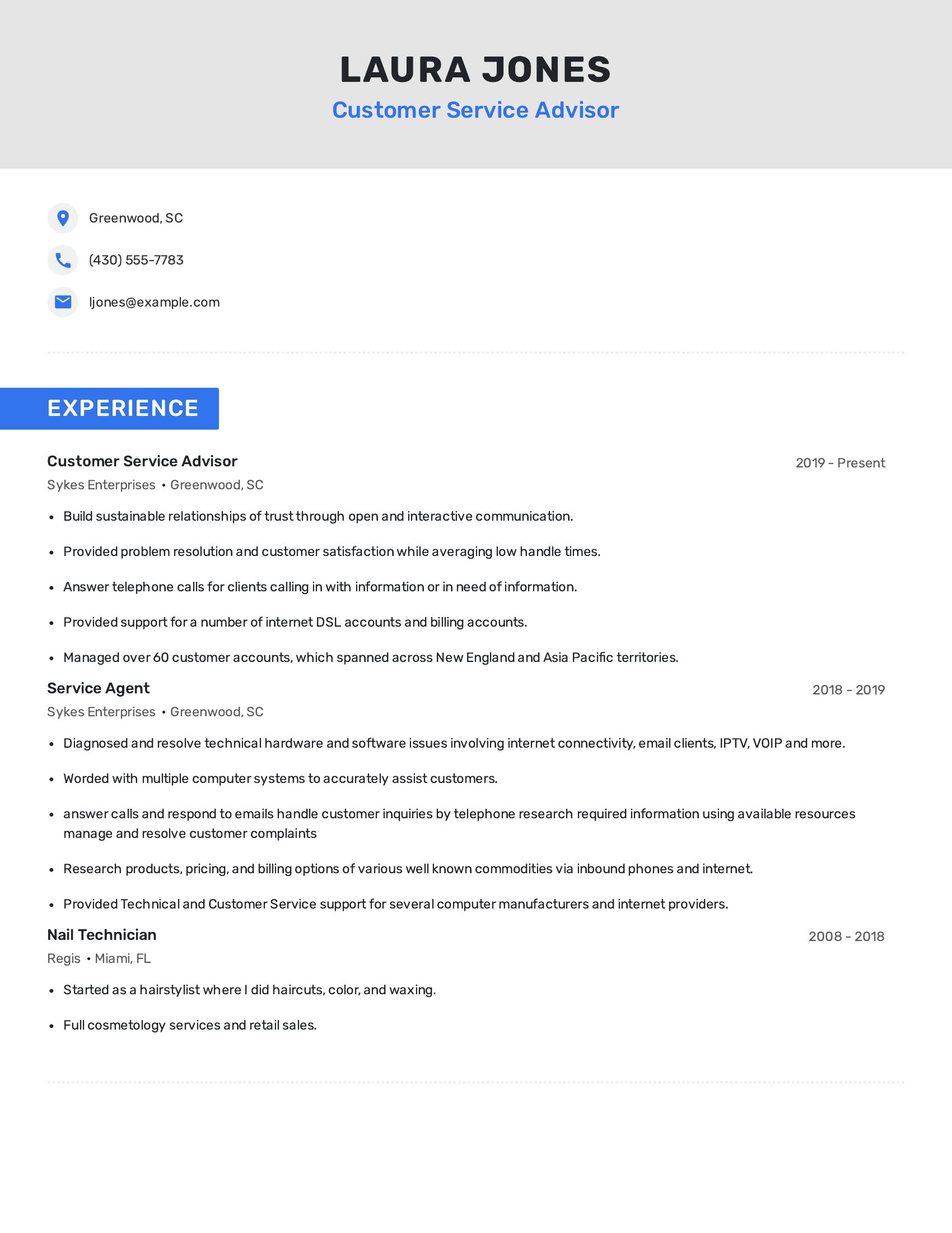 Customer Service Advisor resume example