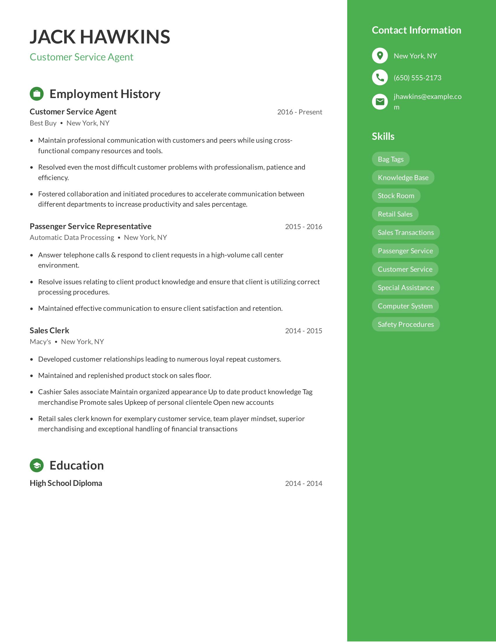 Customer Service Agent resume example