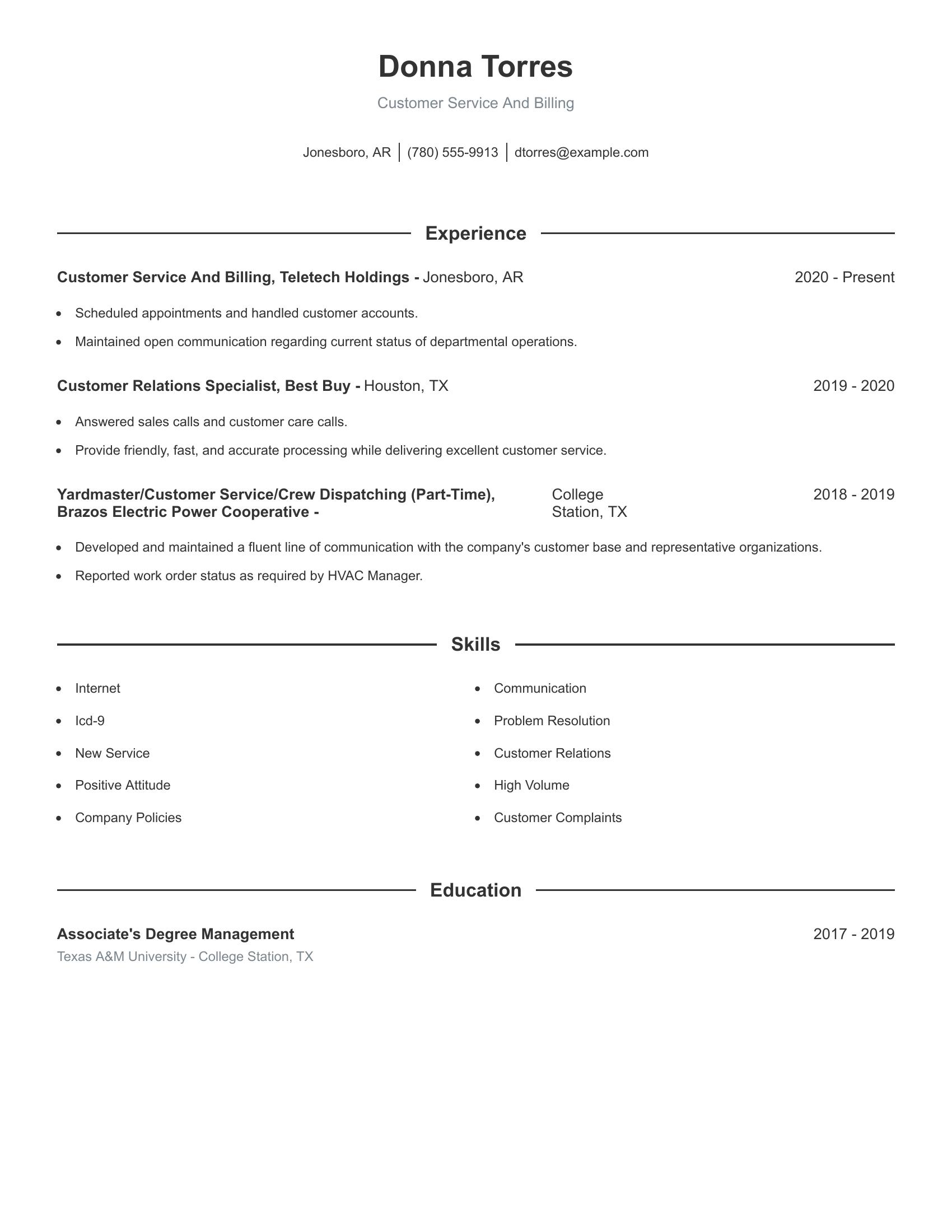 Customer Service And Billing resume example