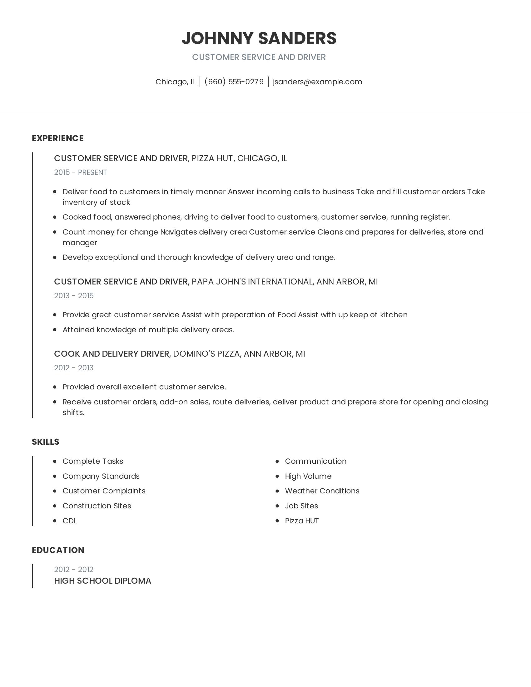 Customer Service And Driver resume example