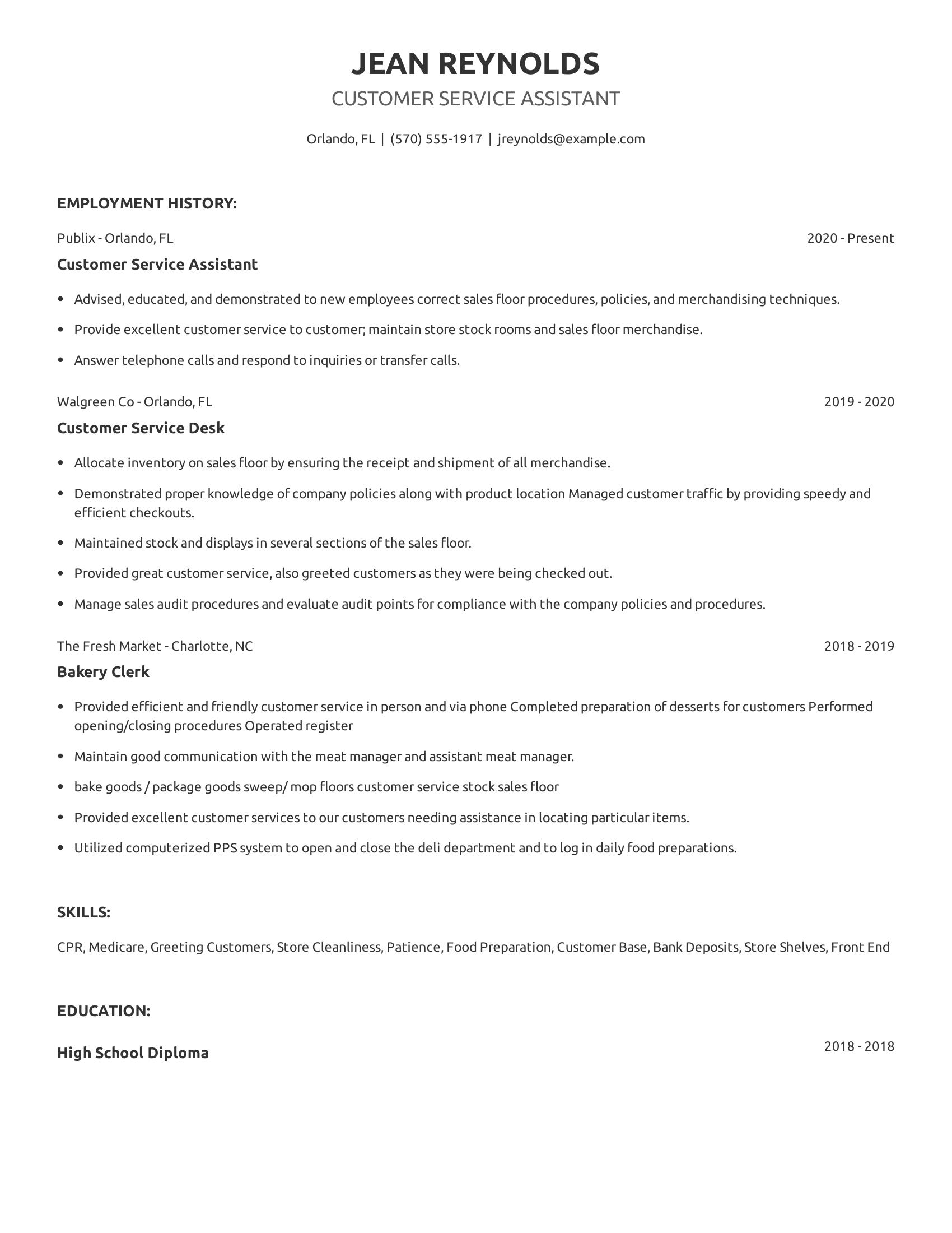 Customer Service Assistant resume example