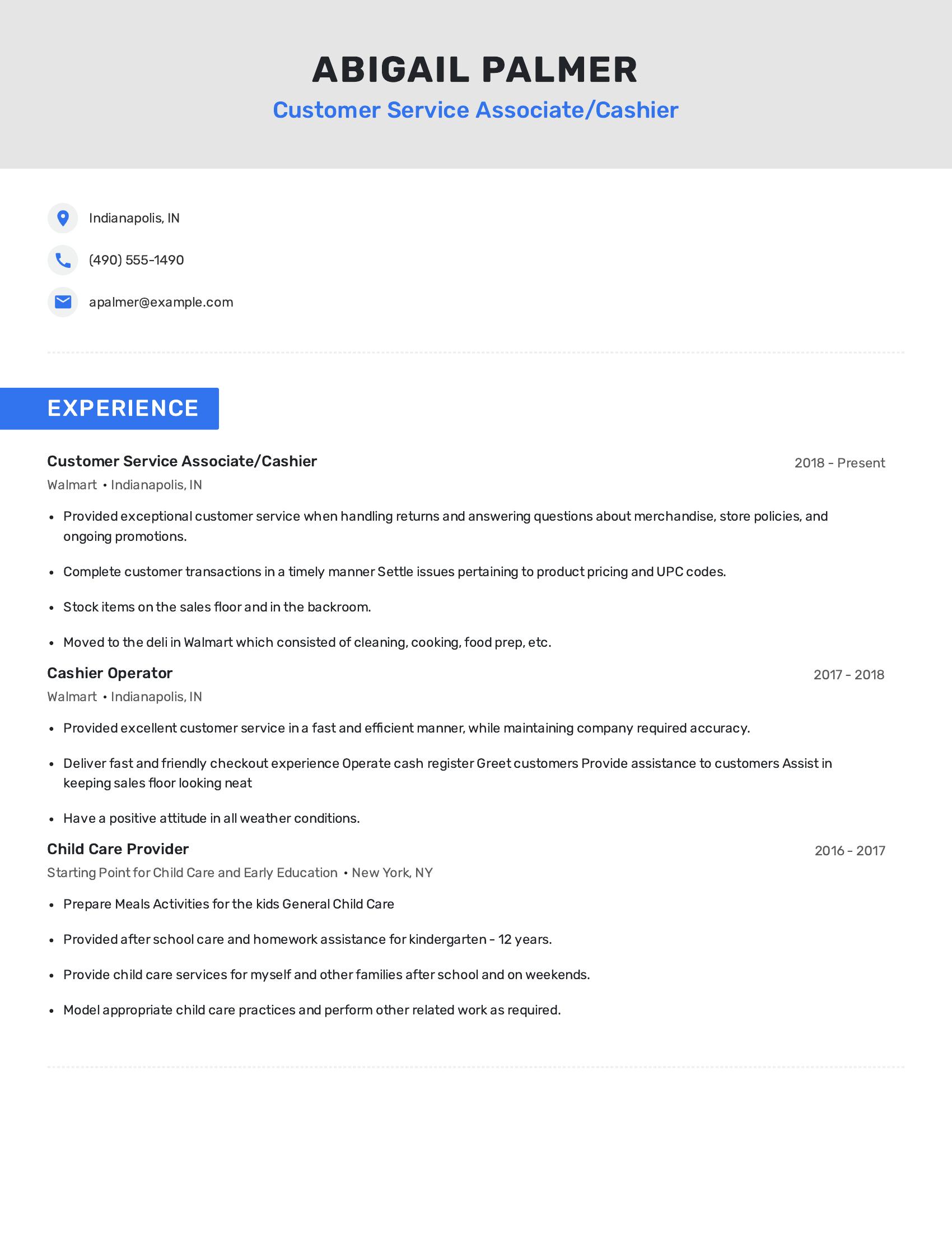 Customer Service Associate/Cashier resume example