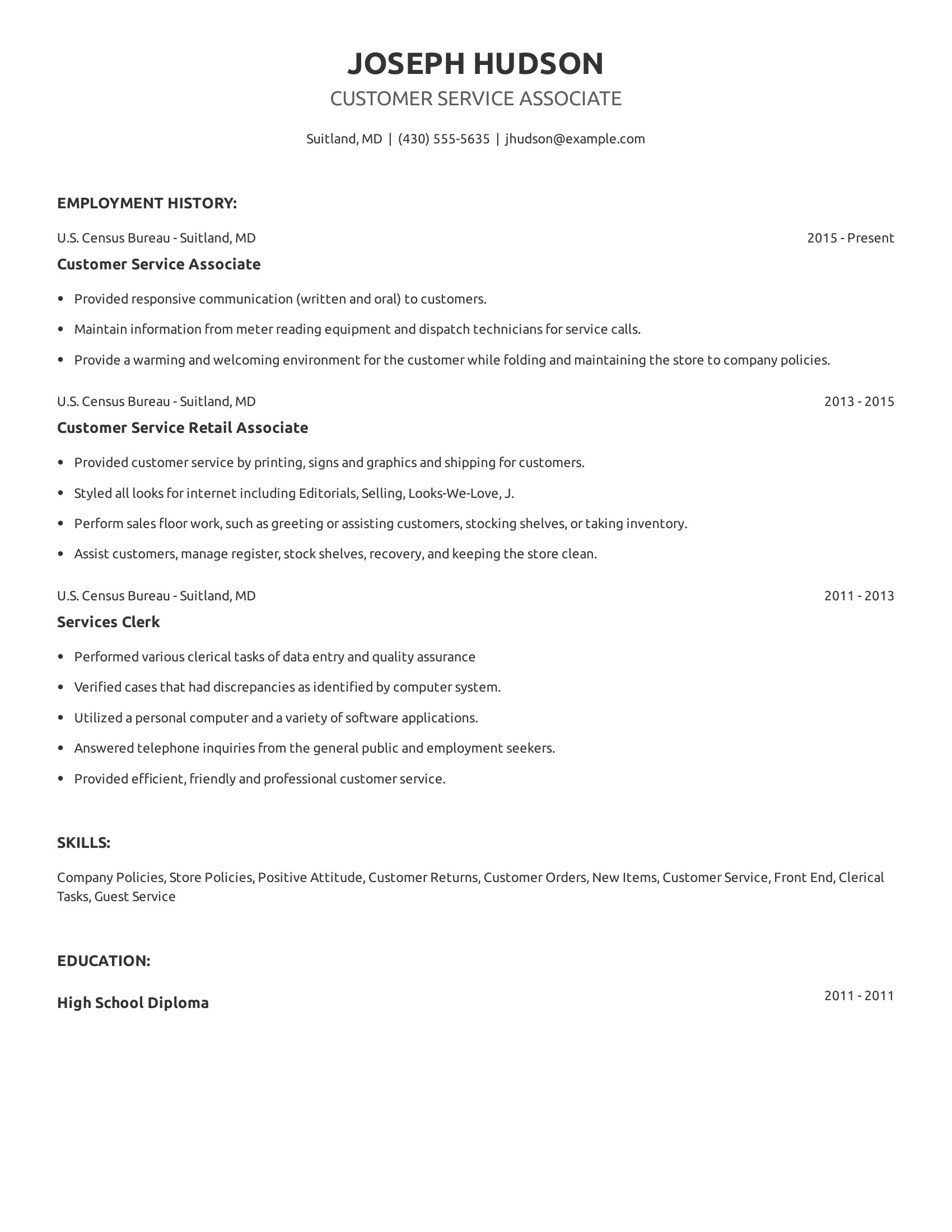 Customer Service Associate resume example