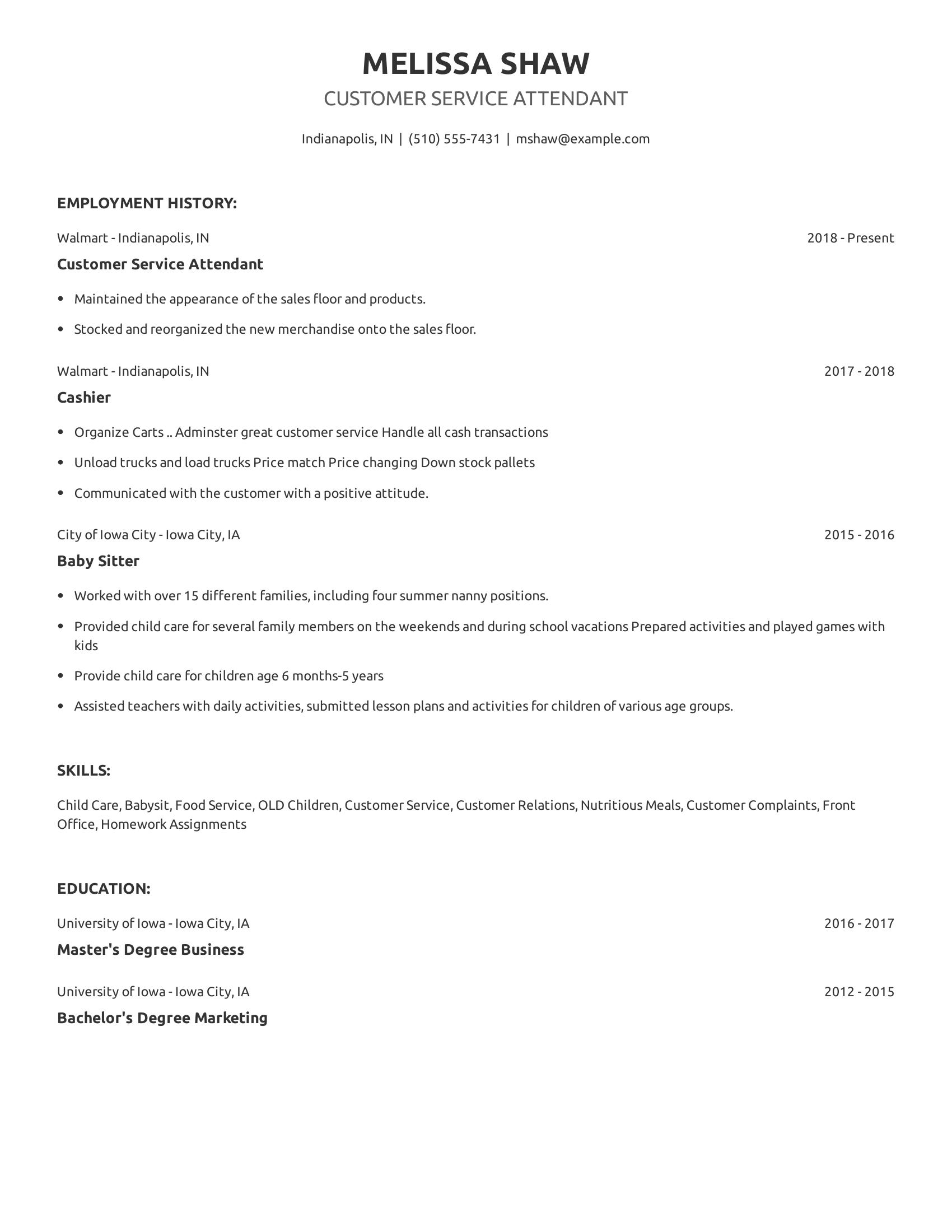 Customer Service Attendant resume example