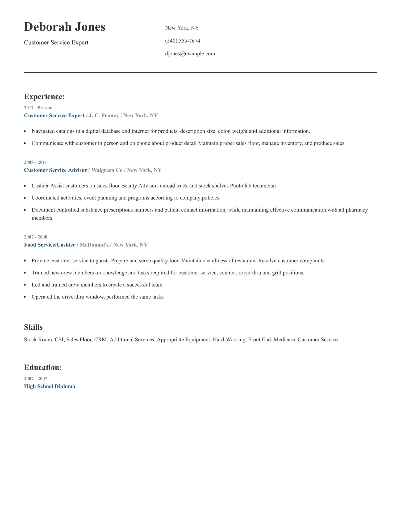 Customer Service Expert resume example