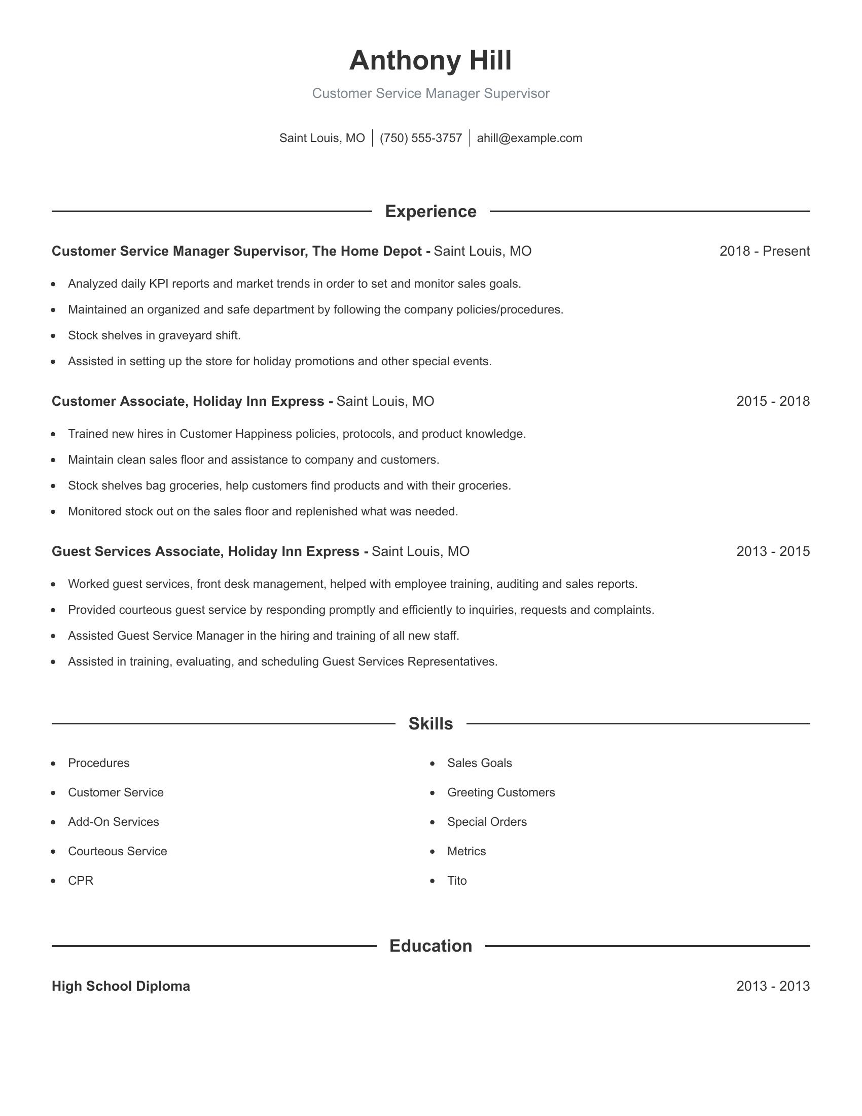 Customer Service Manager Supervisor resume example