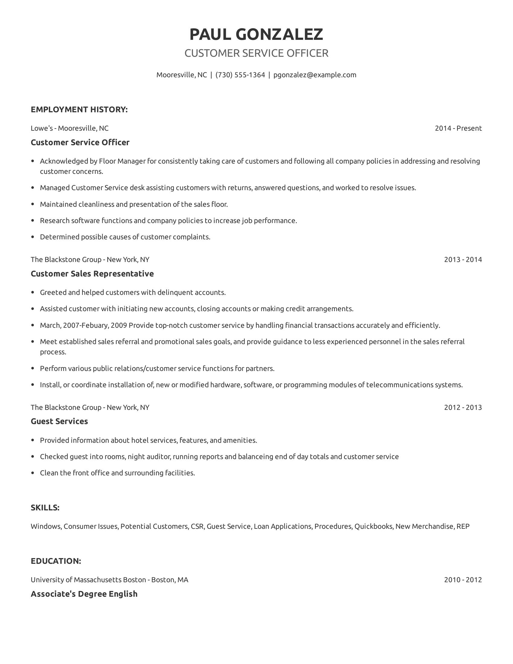 Customer Service Officer resume example