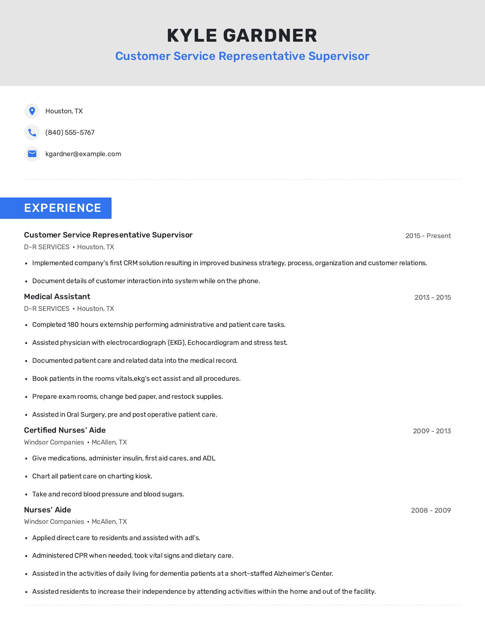 Customer Service Representative Supervisor resume example