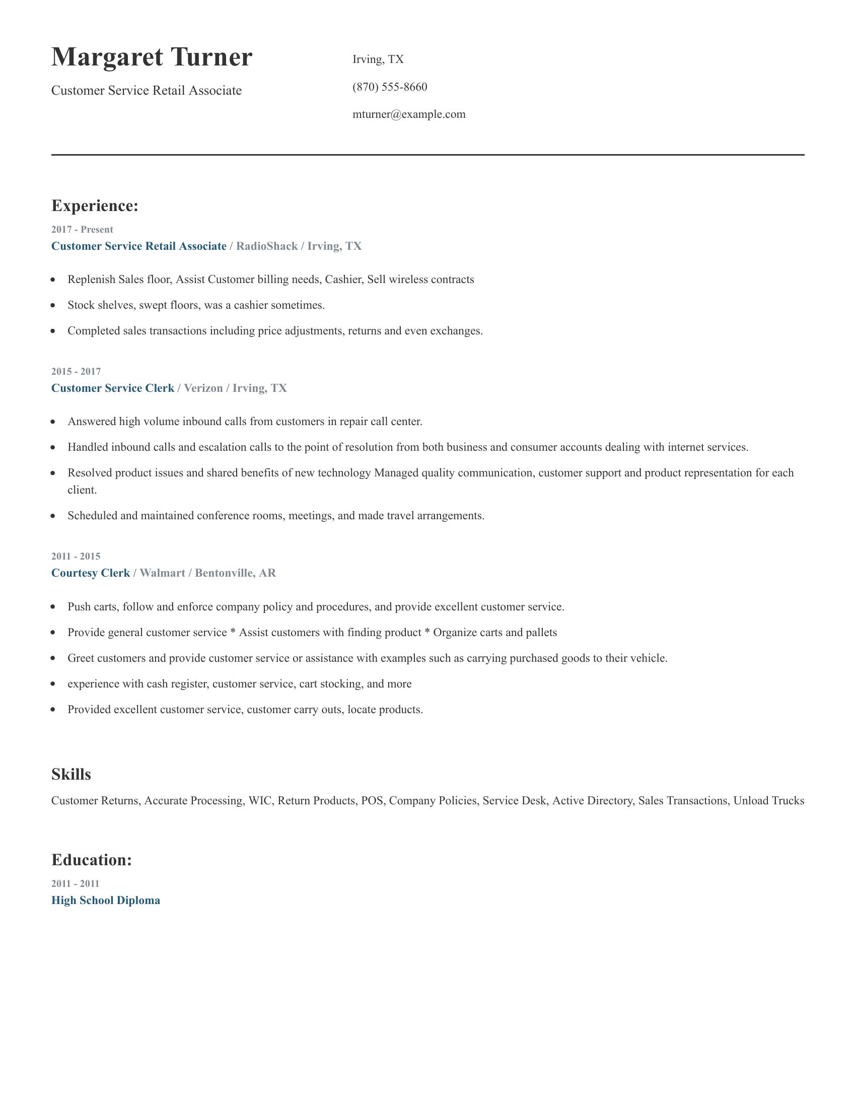 Customer Service Retail Associate resume example