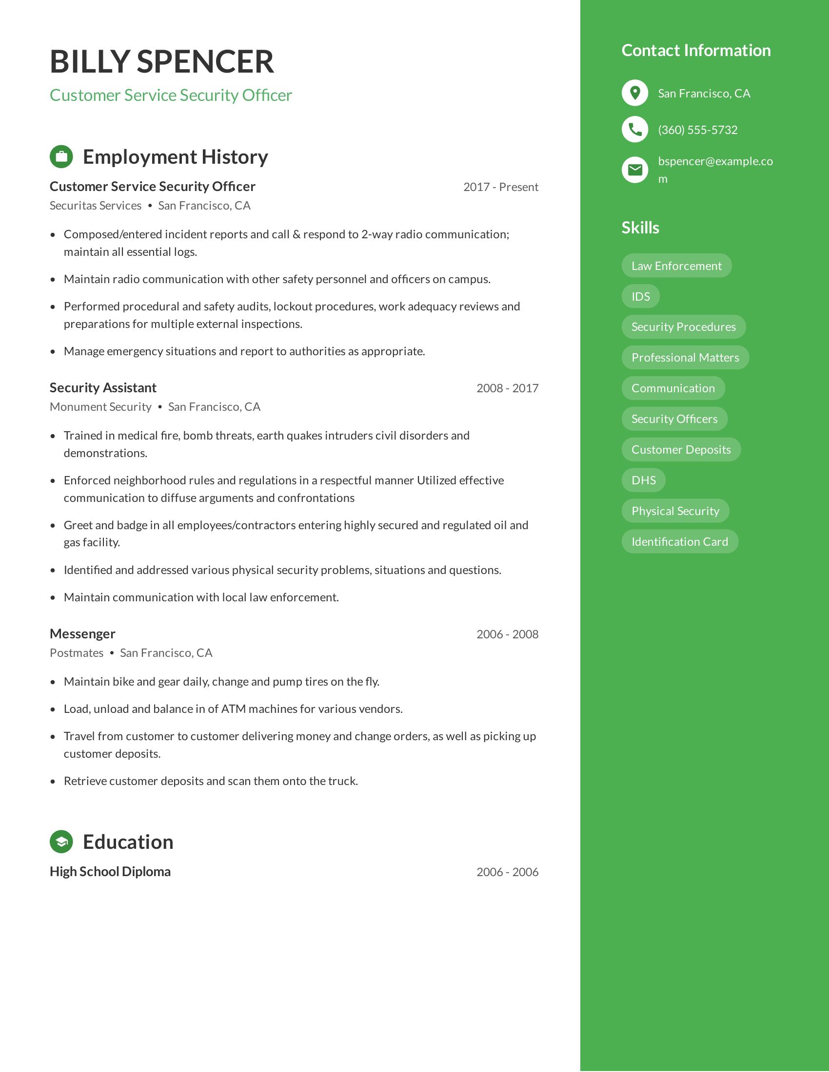 Customer Service Security Officer resume example