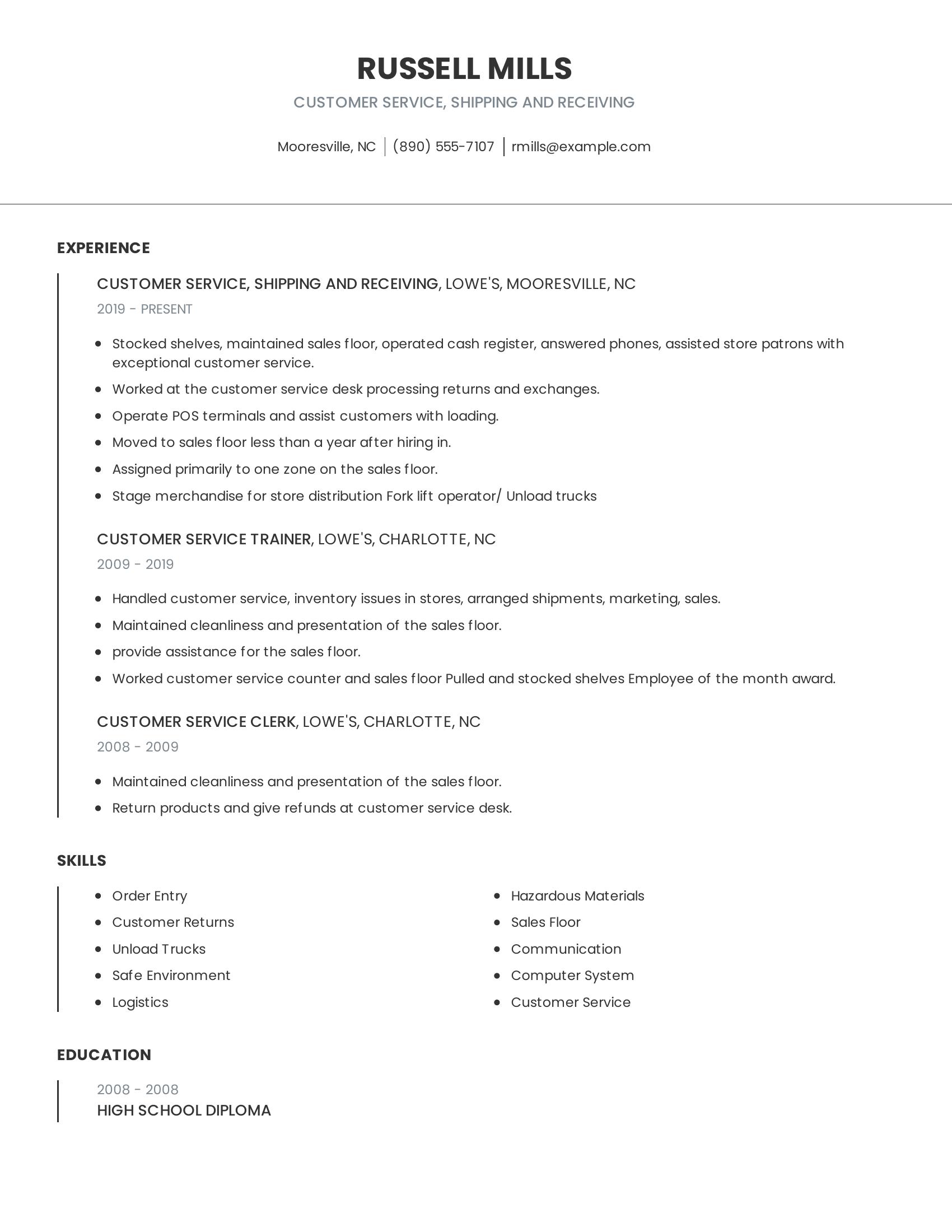 Customer Service, Shipping And Receiving resume example