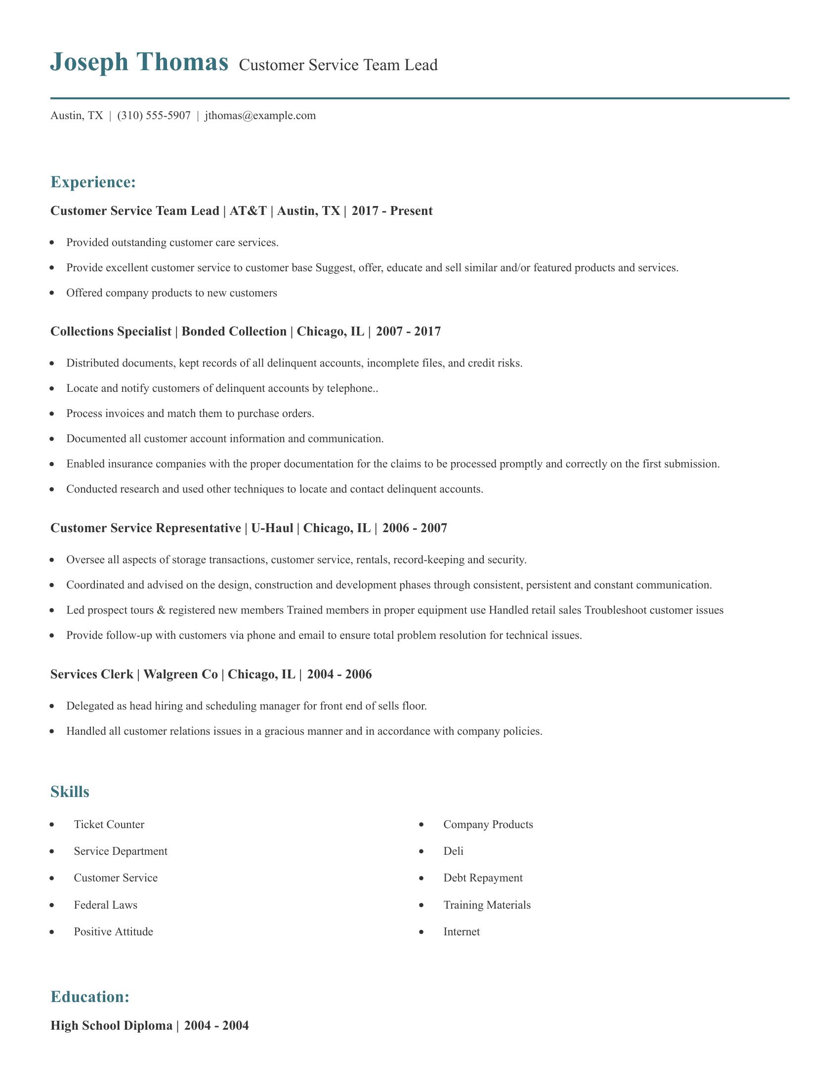 Customer Service Team Lead resume example