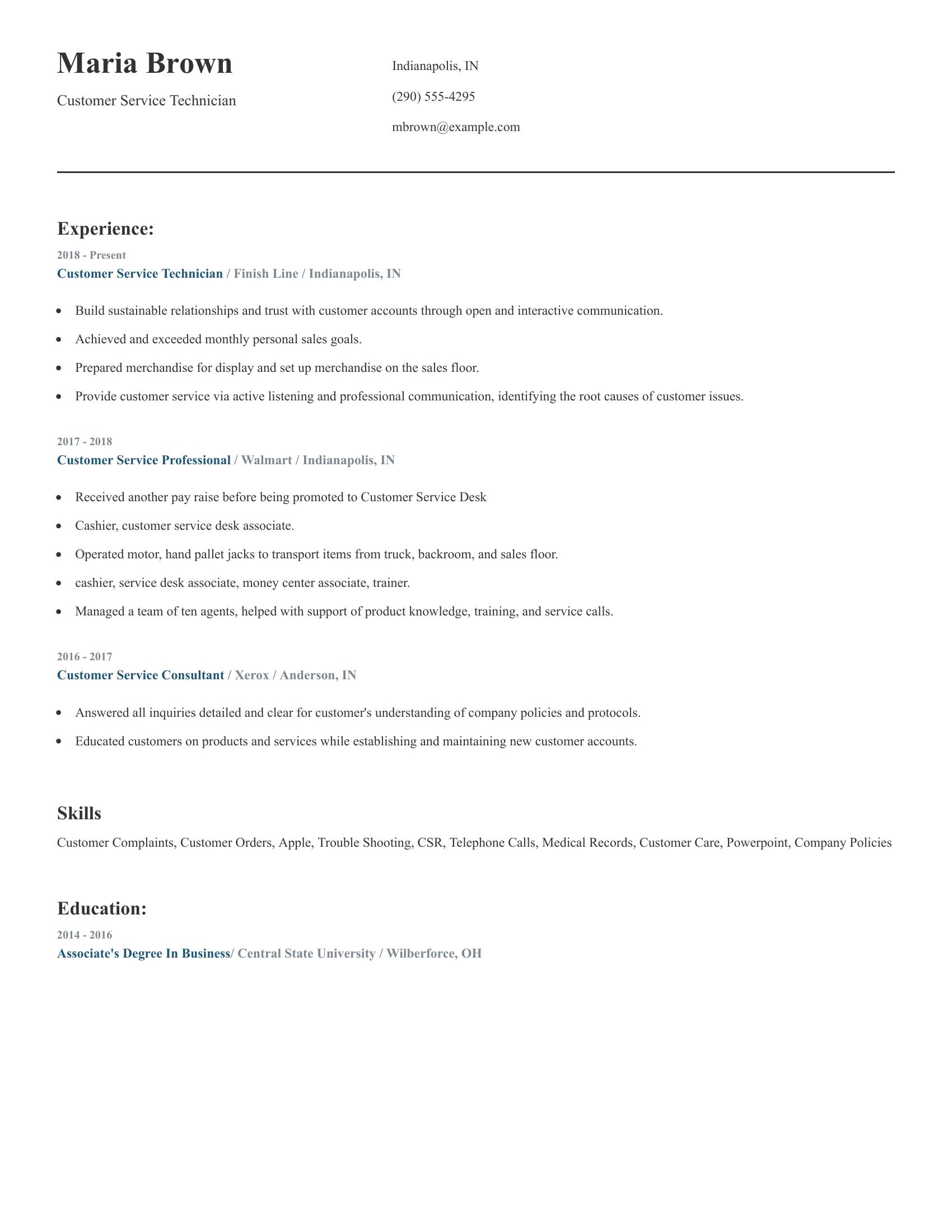 Customer Service Technician resume example