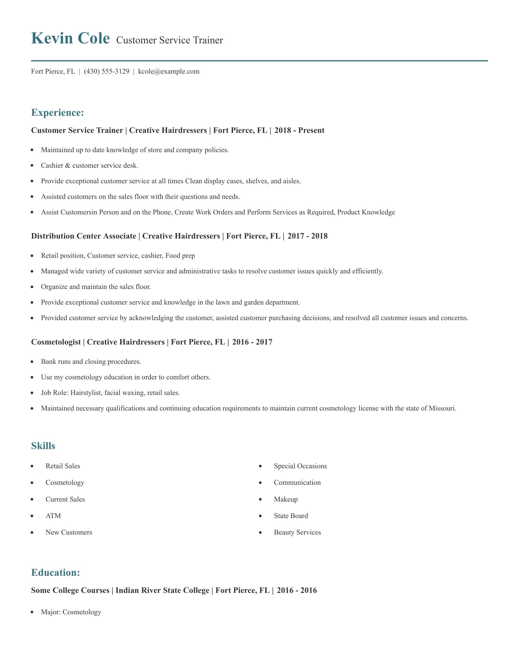 Customer Service Trainer resume example