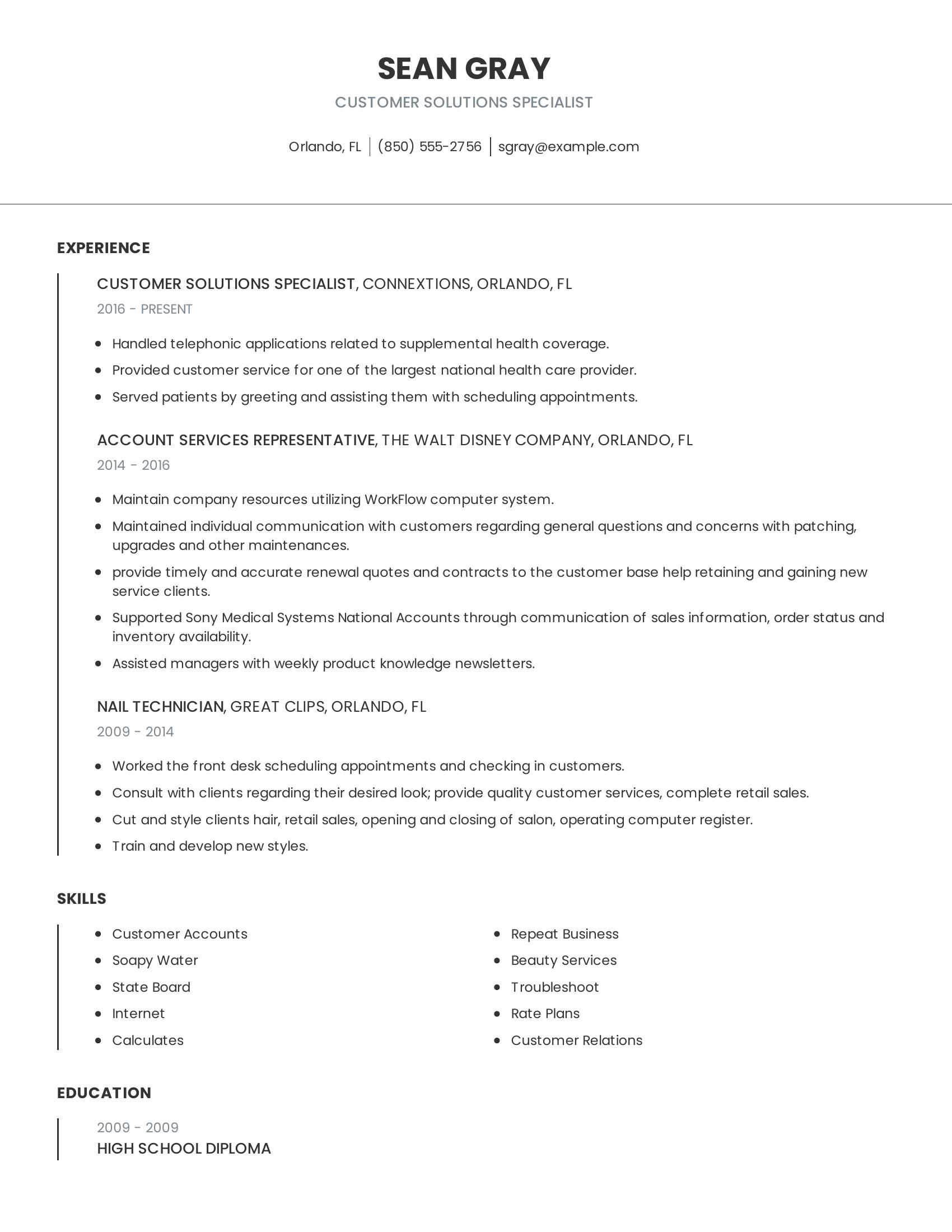 Customer Solutions Specialist resume example