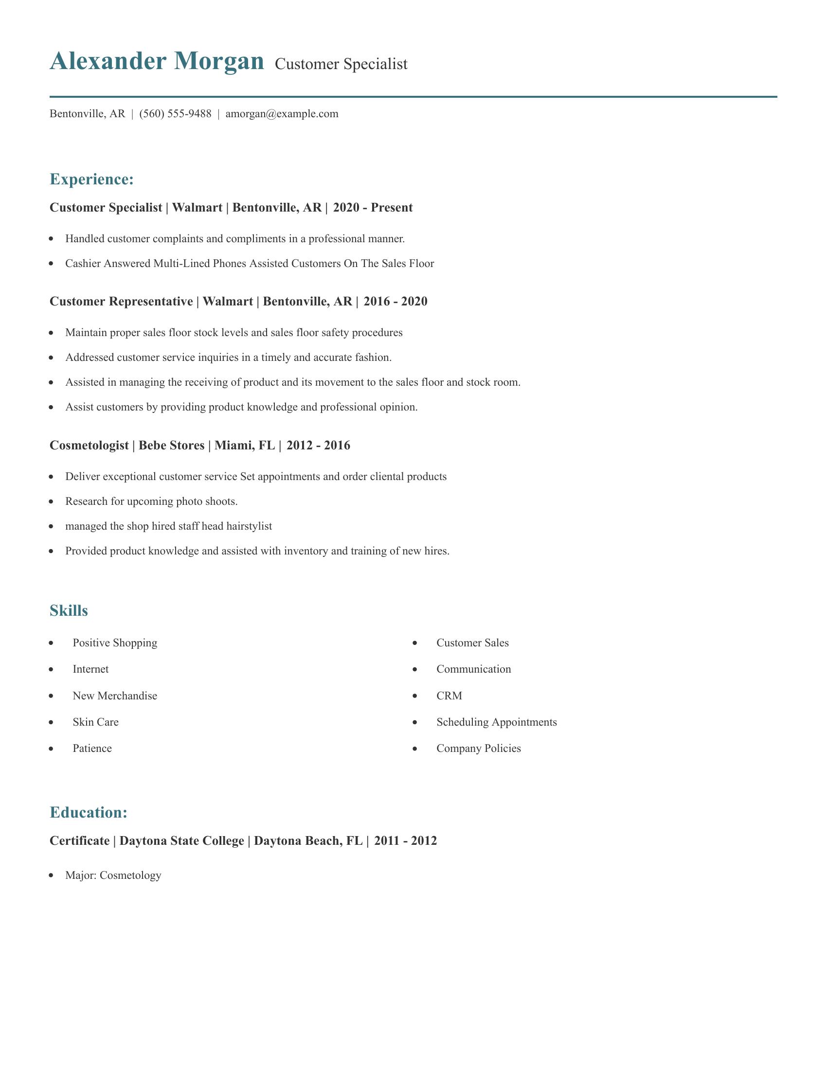 Customer Specialist resume example