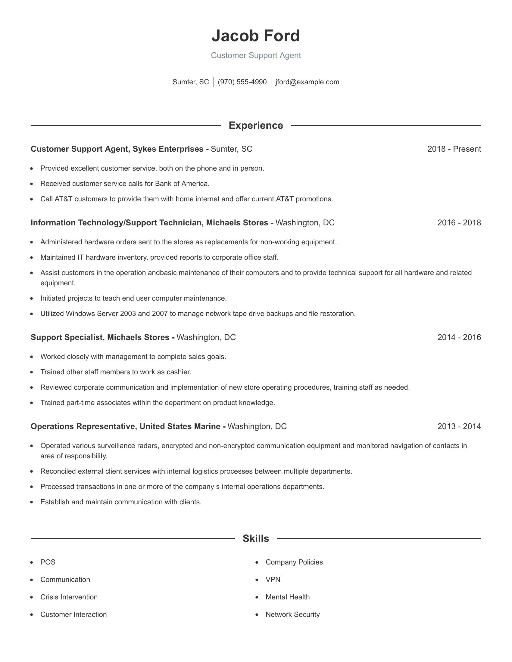 Customer Support Agent resume example