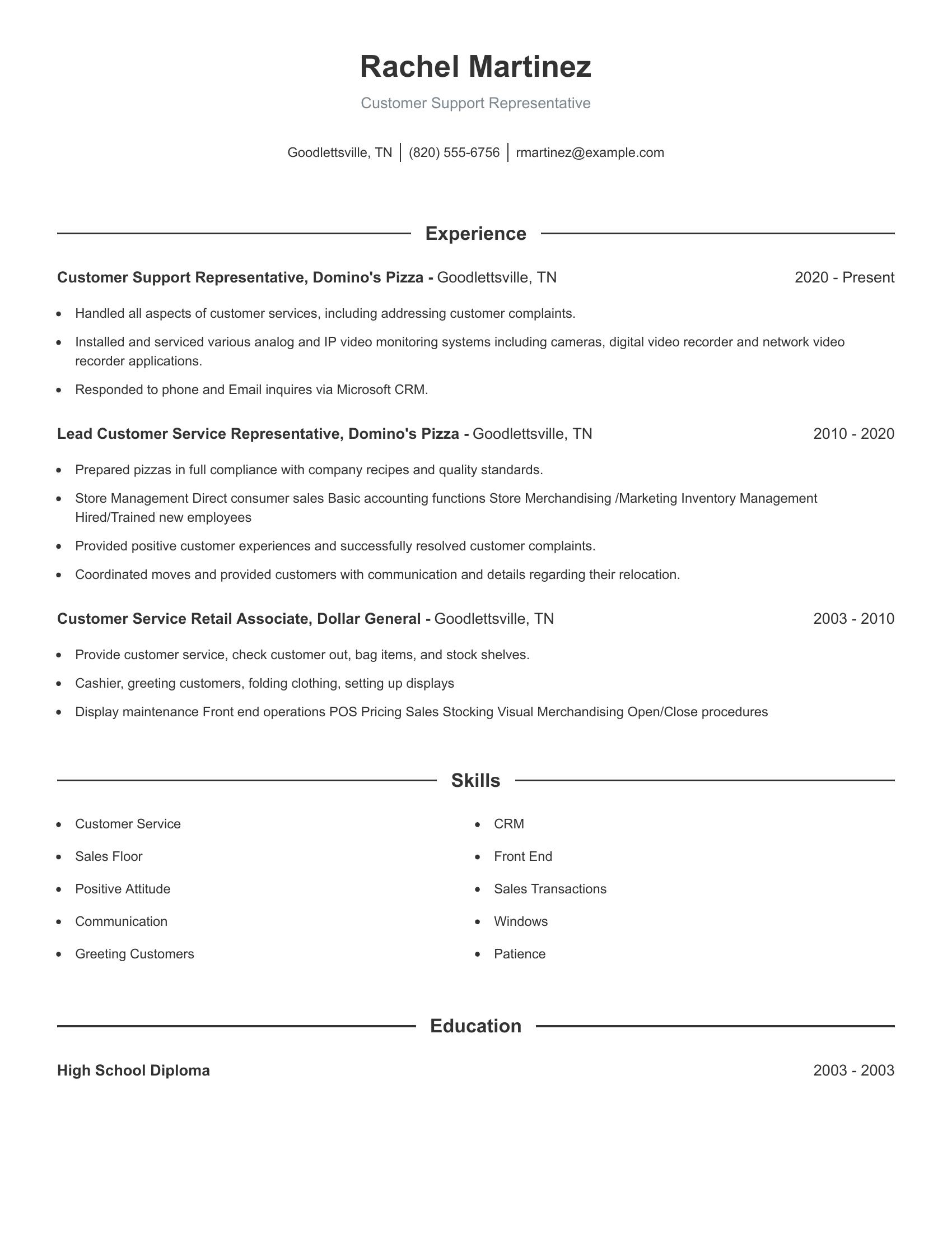 Customer Support Representative resume example