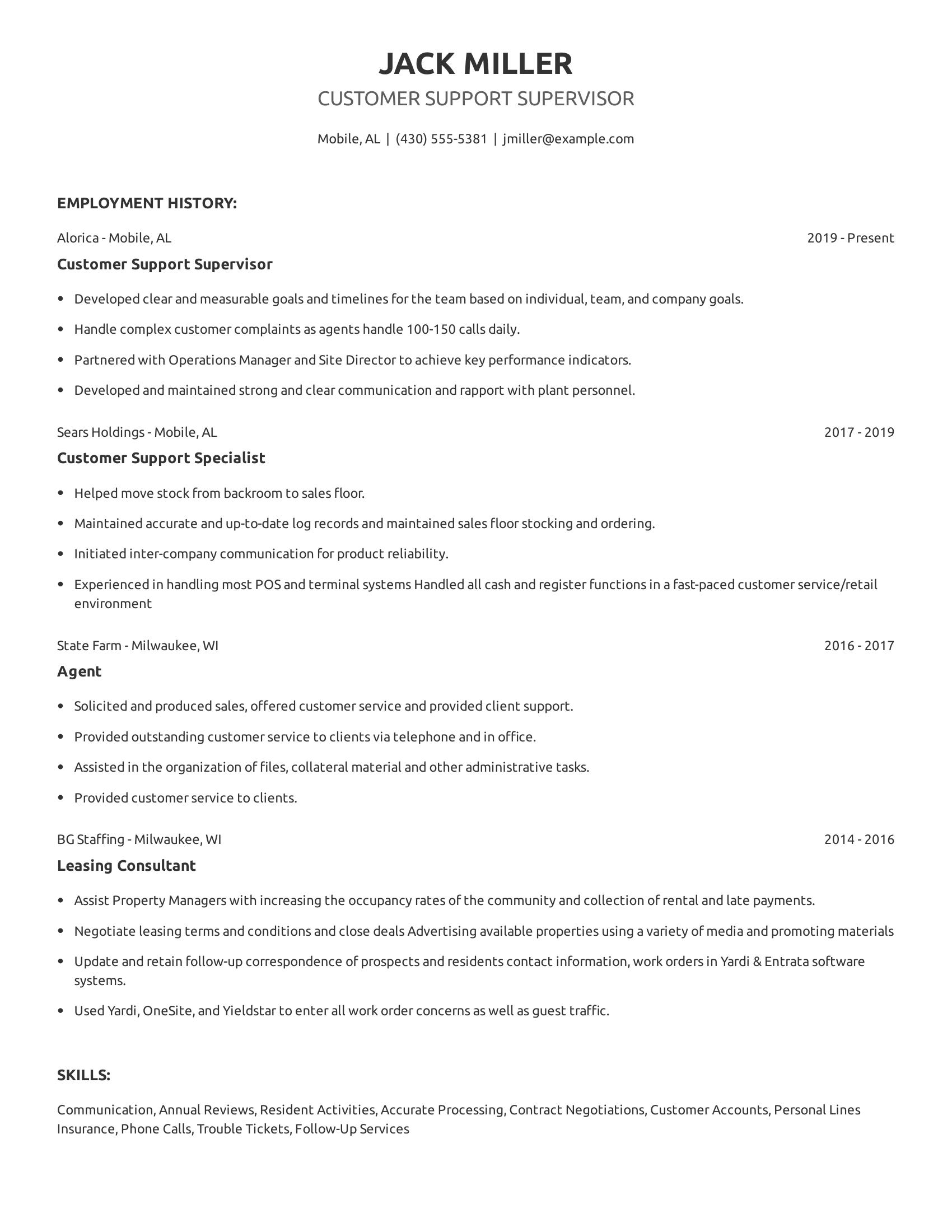 Customer Support Supervisor resume example