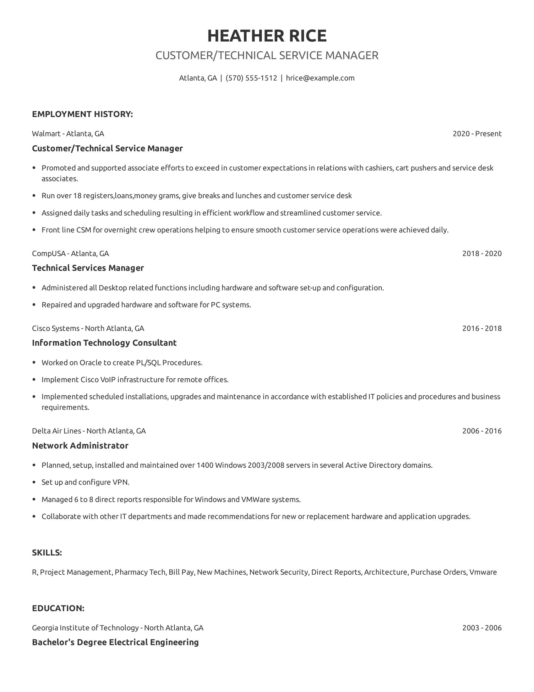 Customer/Technical Service Manager resume example