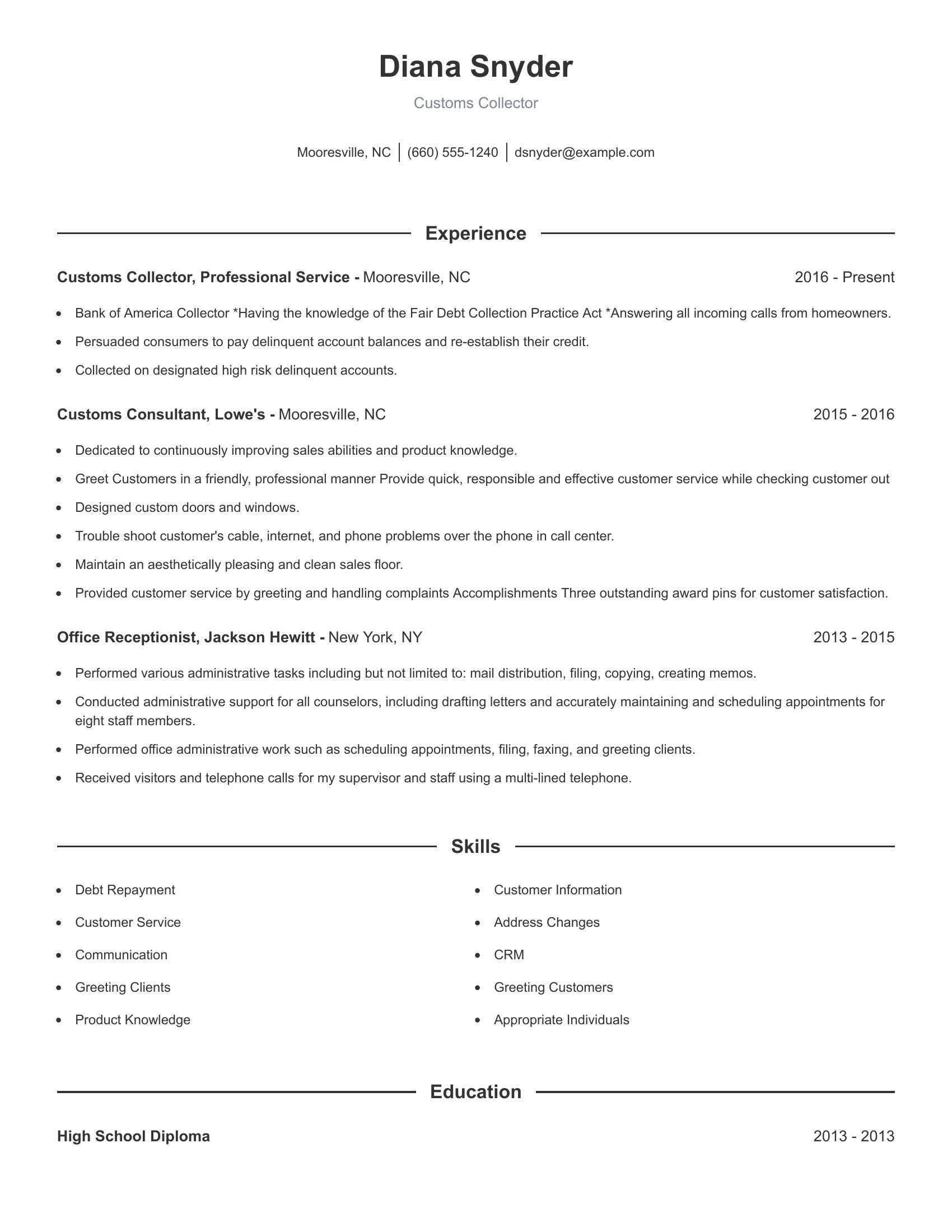 Customs Collector resume example