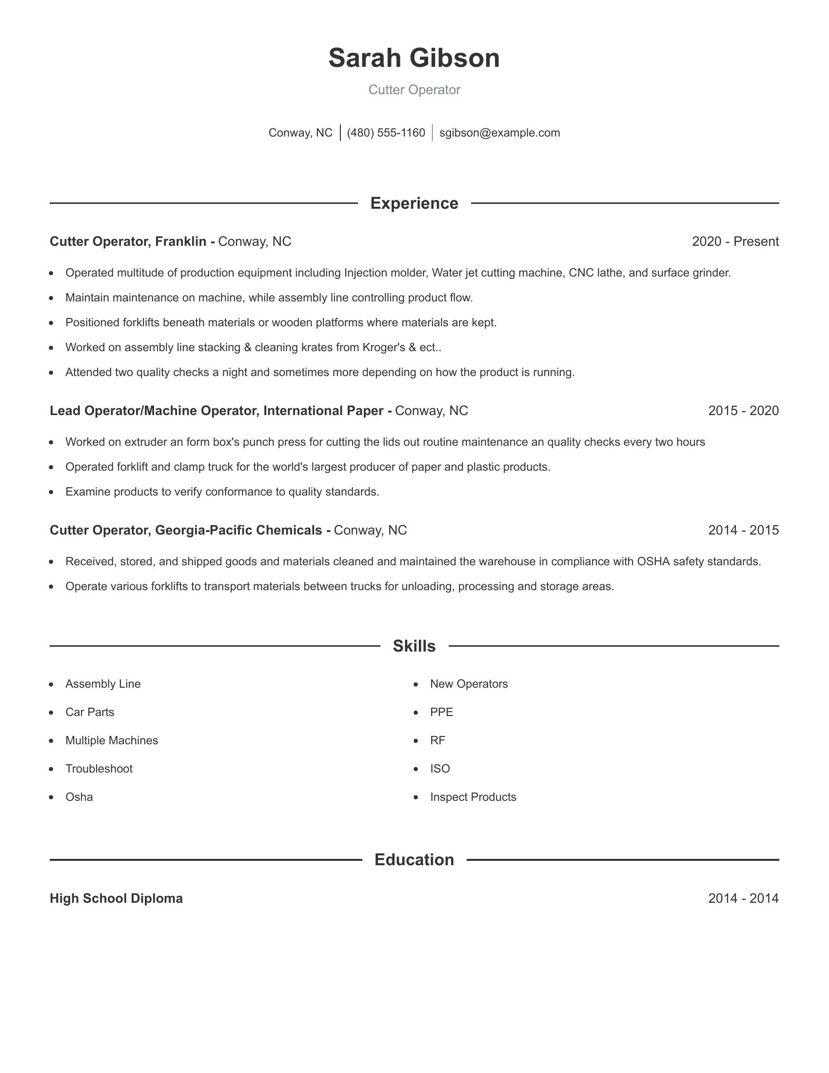 Cutter Operator resume example