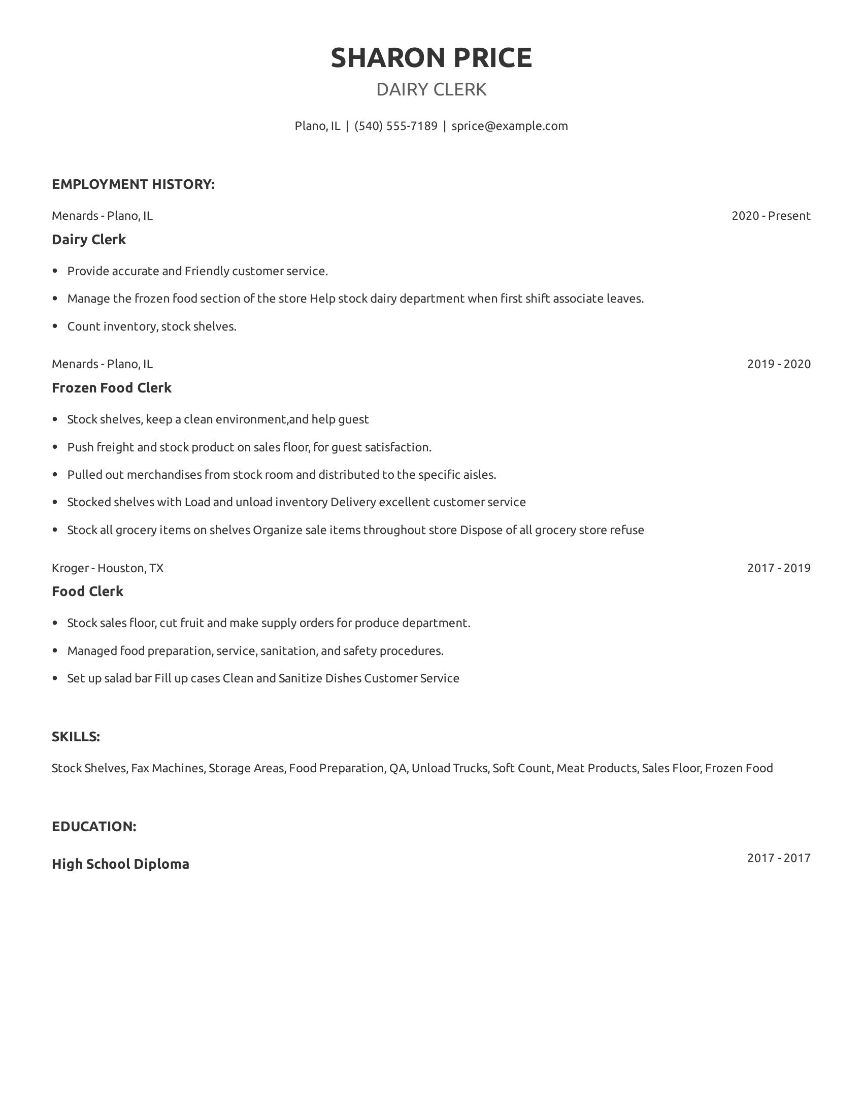 Dairy Clerk resume example