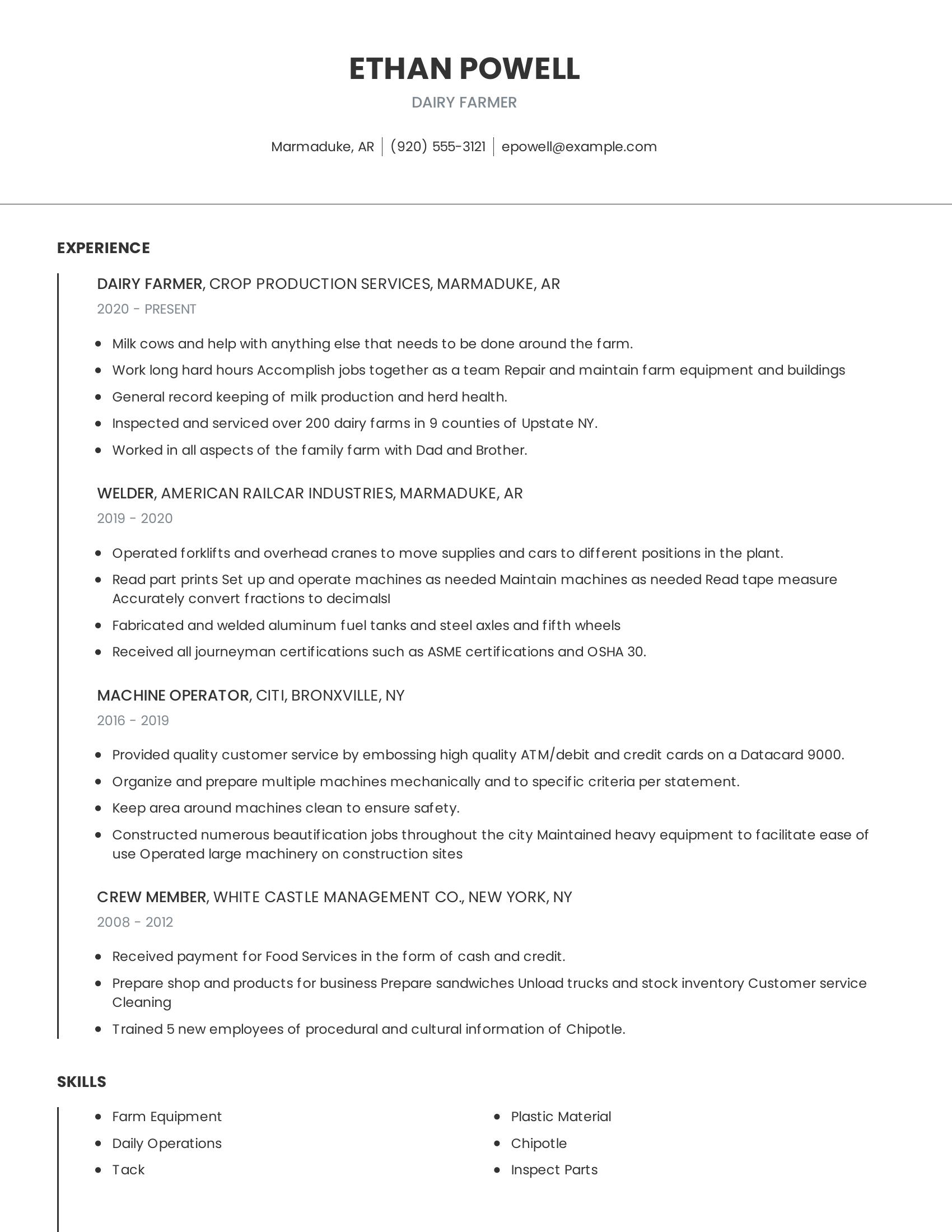 Dairy Farmer resume example