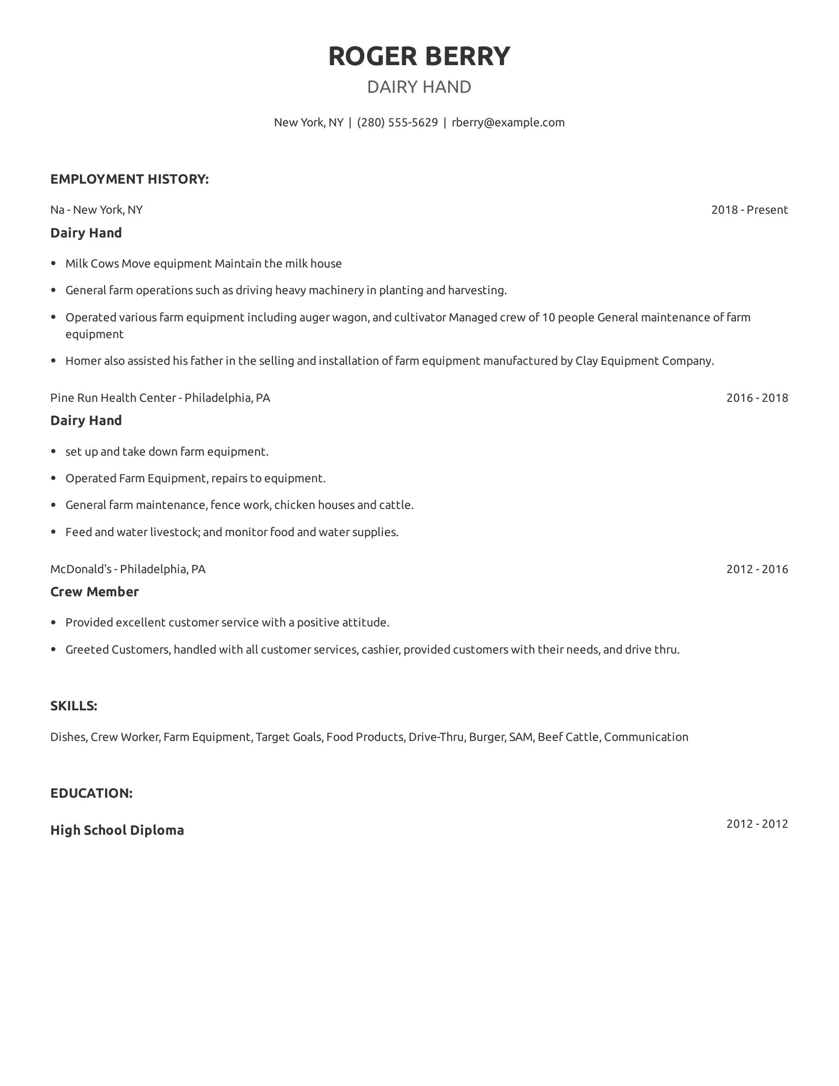 Dairy Hand resume example