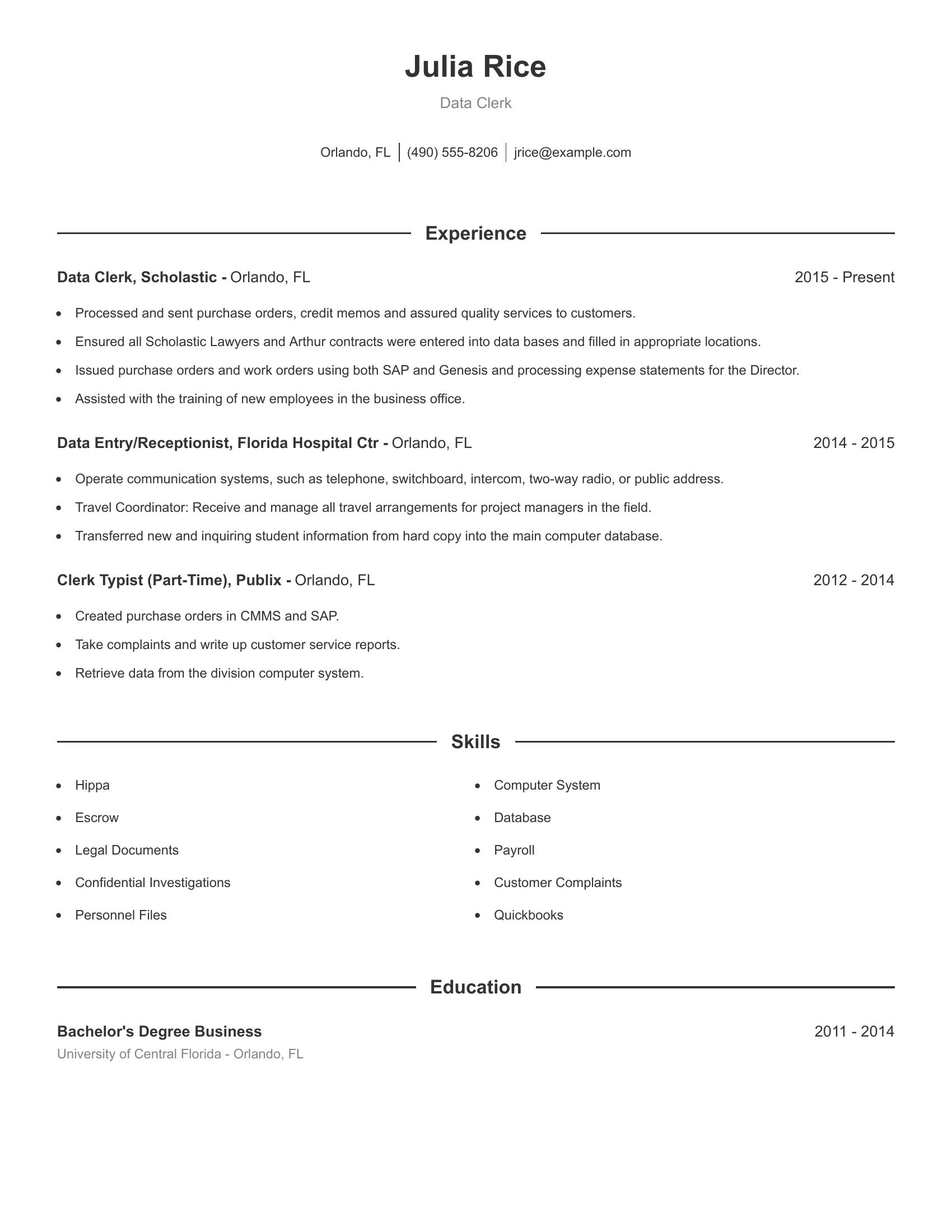 Data Clerk resume example