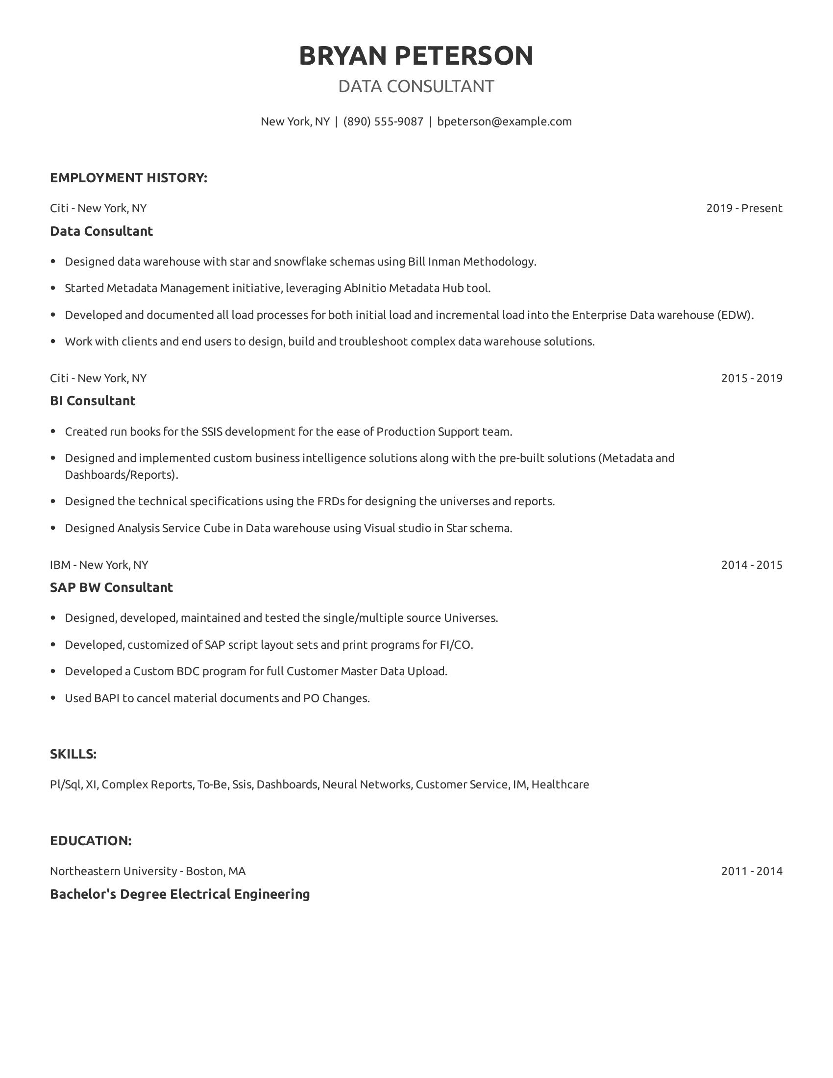 Data Consultant resume example