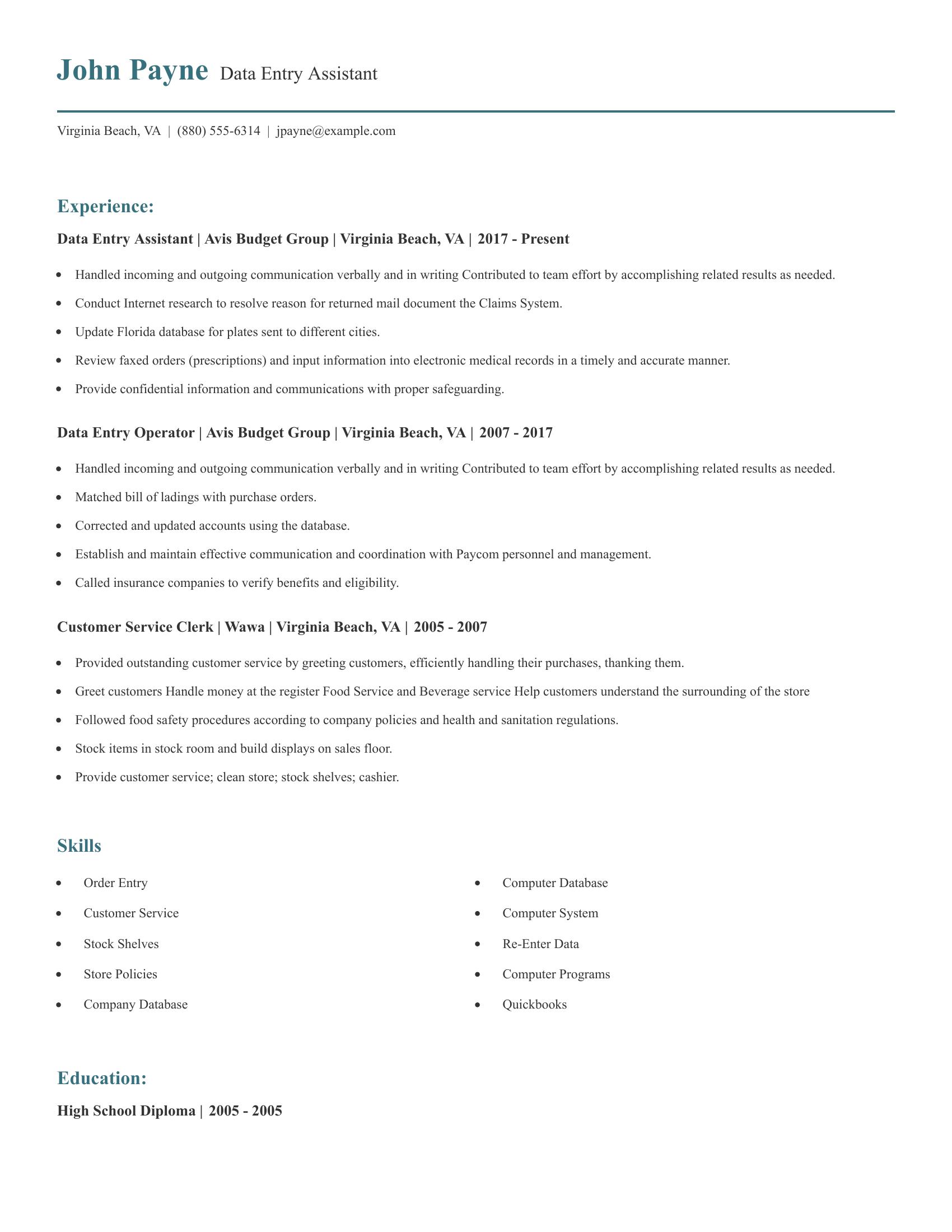 Data Entry Assistant resume example