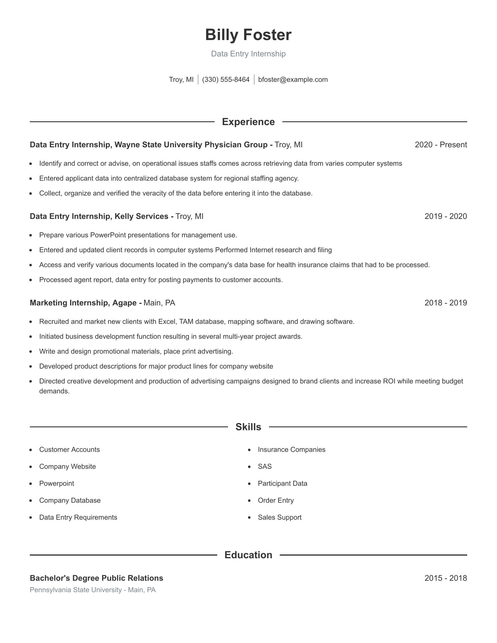 Data Entry Internship resume example