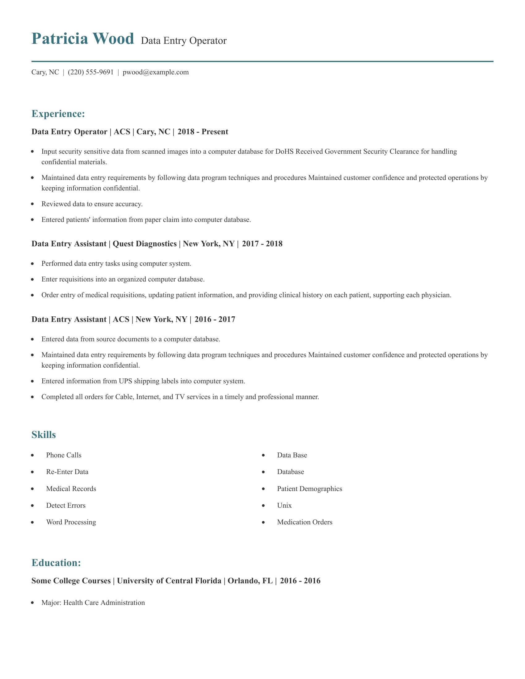 Data Entry Operator resume example