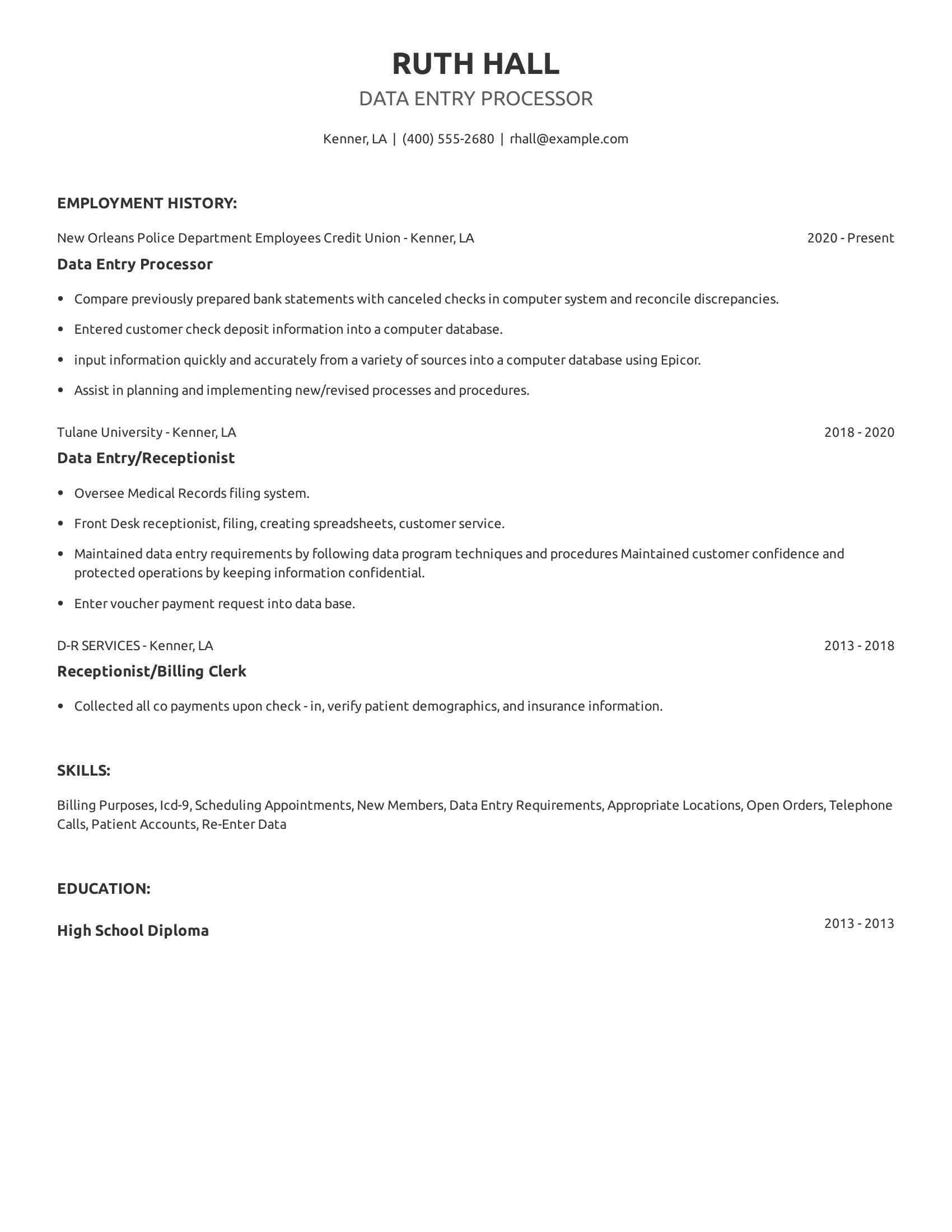 Data Entry Processor resume example