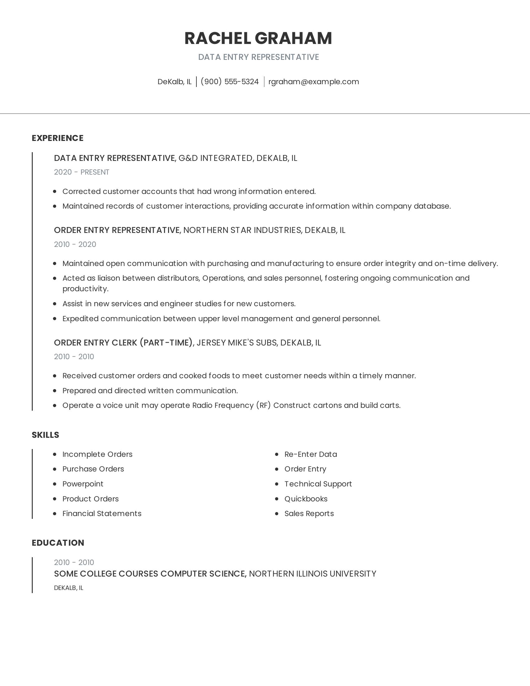 Data Entry Representative resume example