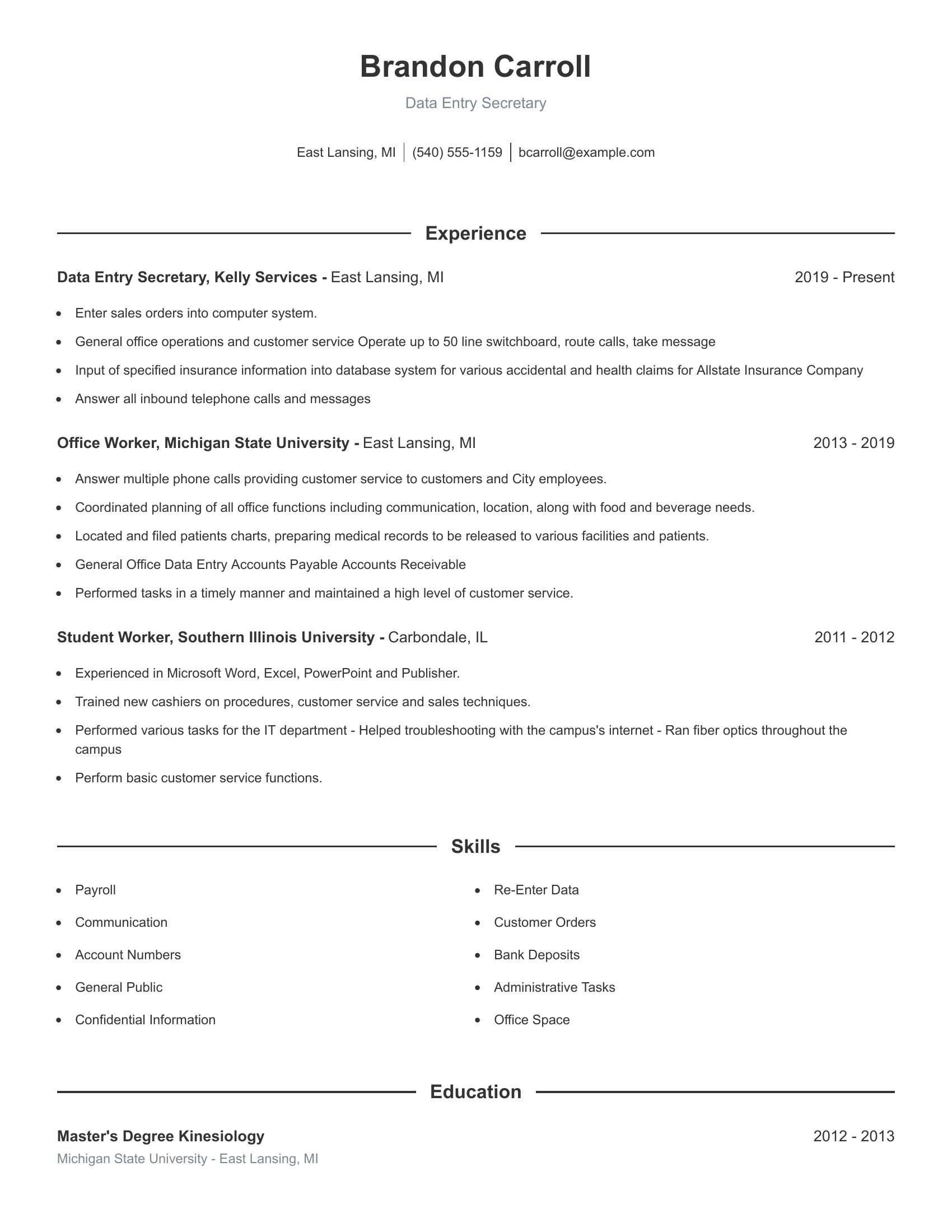 Data Entry Secretary resume example