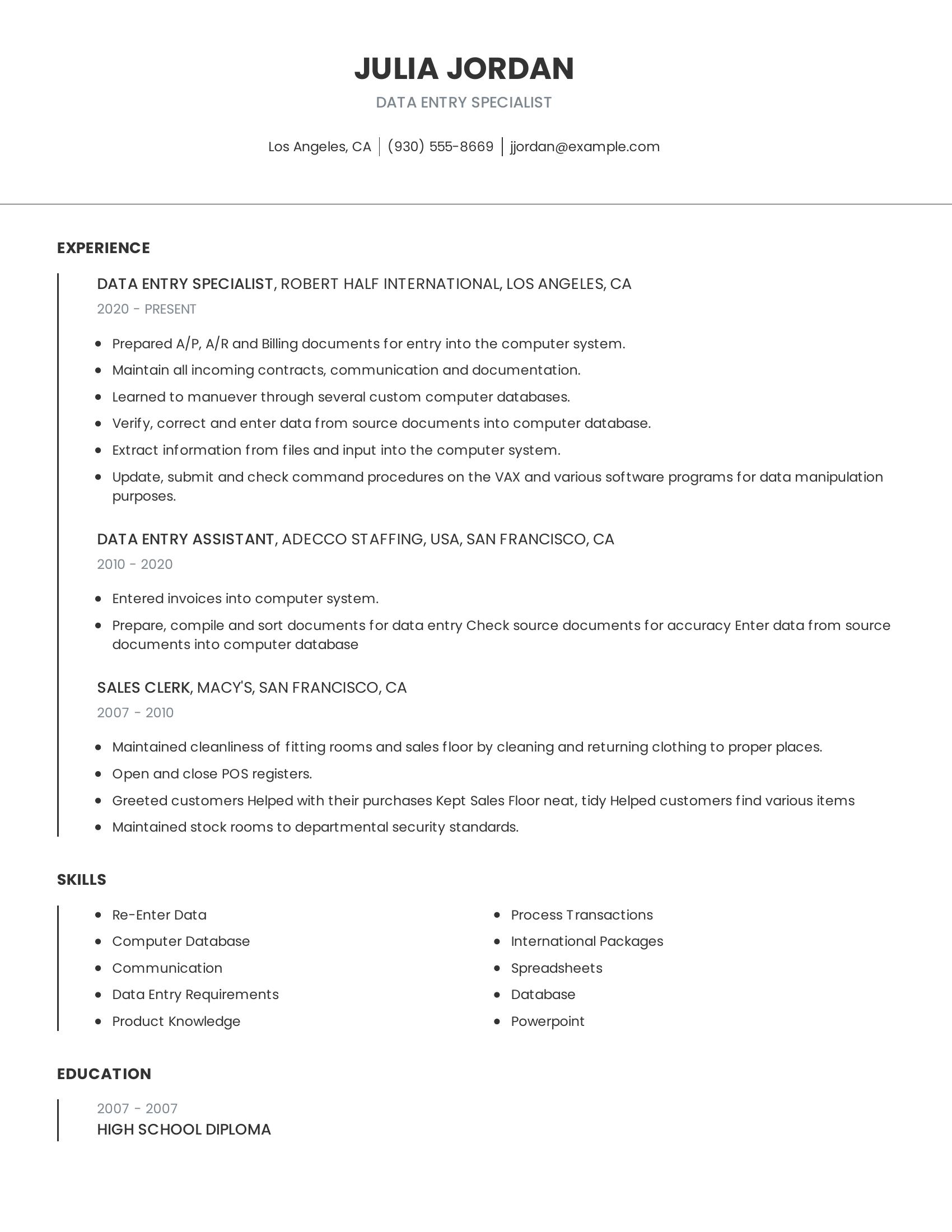 Data Entry Specialist resume example